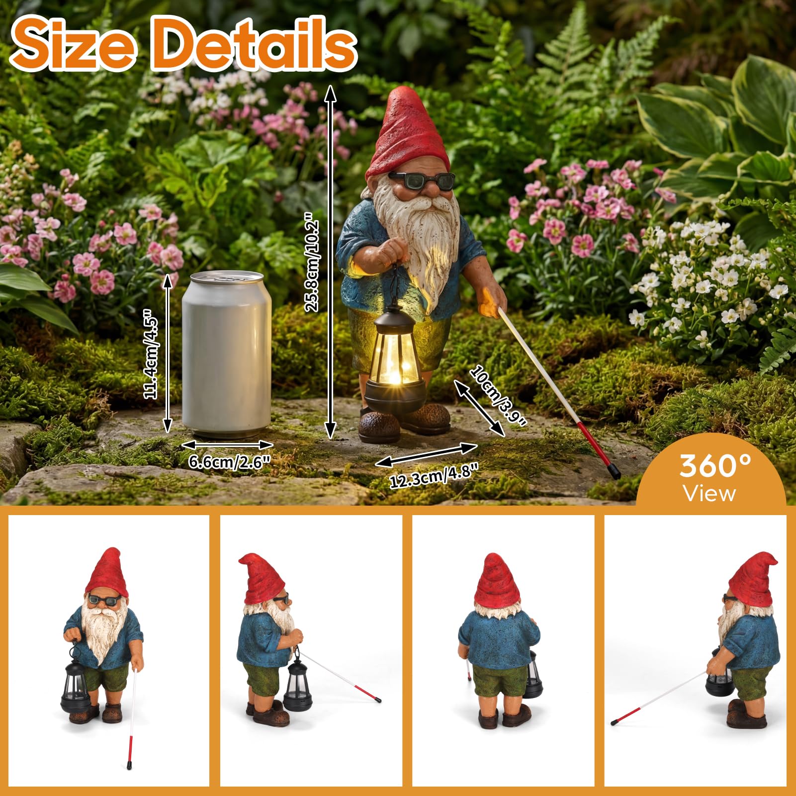 Solar Garden Gnome Outdoor Statue, 10.2 inches Blind Man Gnome with Lantern view 2