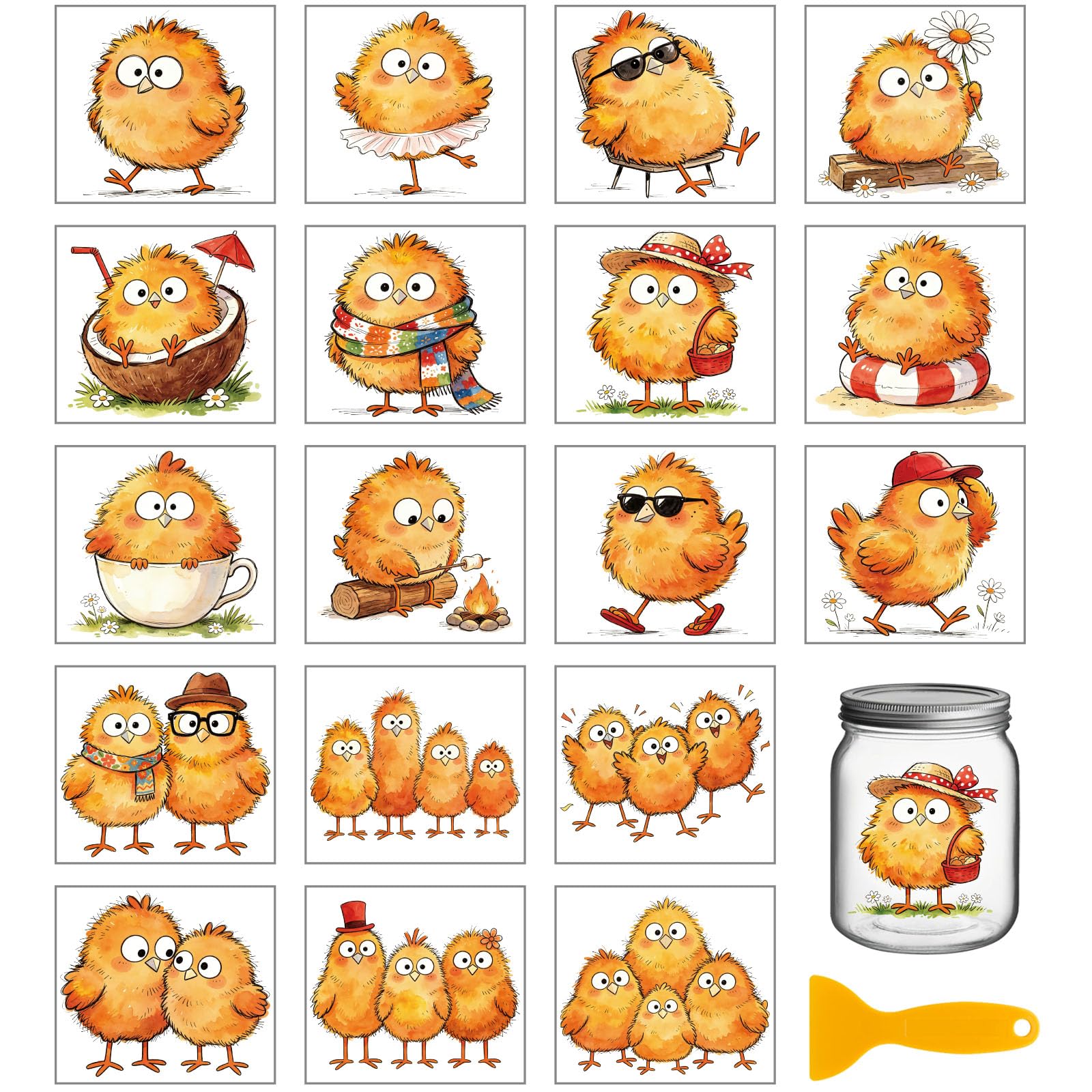 GLOBLELAND 18 Sheets Funny Chicks Transfer Sticker for Cup Crafts 3.9x3.6 inch Farm Animals Decal Stickers Cute Chicken Rub on Transfers for Bottle Vase Glass Furniture Decor — image 1
