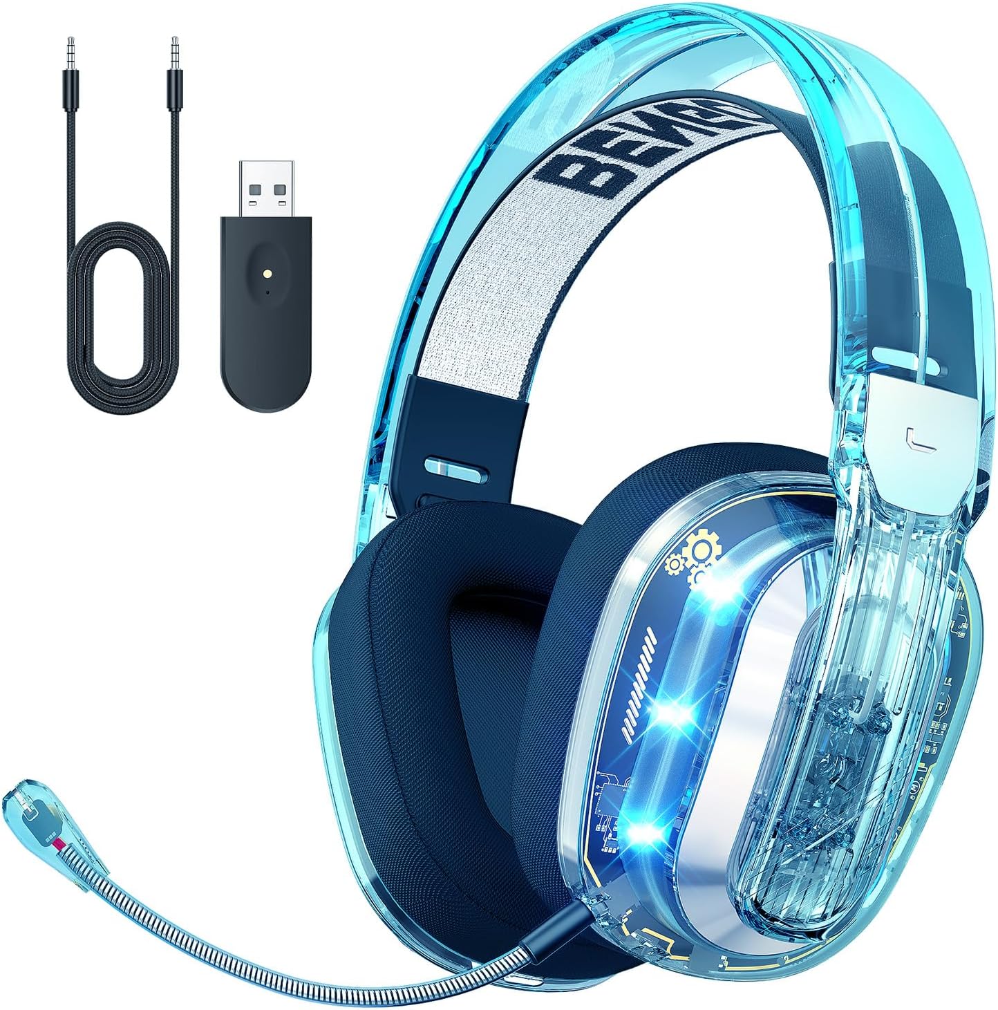 BENGOO Wireless Gaming Headset for PS5, PS4, PC, Switch, Mac, 2.4GHz USB Over Ear Gaming Headphones with Crystal RGB Lights