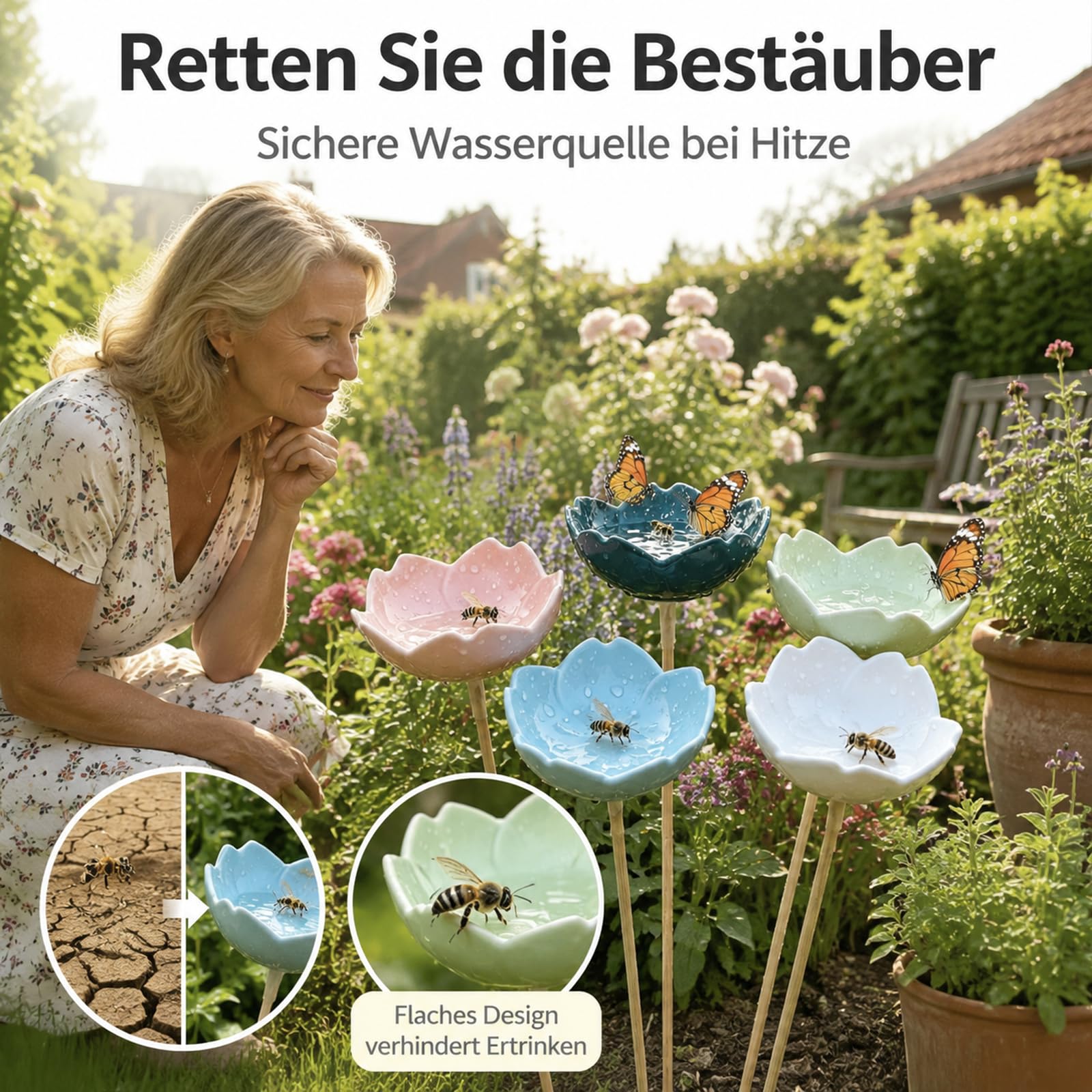 5 Stück Bienentränke Keramik, Insektentränke, Bienentränke für Den Garten, Bienenbar Wassertränke Mit Stecker Kreative Blüte Gartenstecker Geschenk Futternapf für Honig, Spenders (5 Stück)