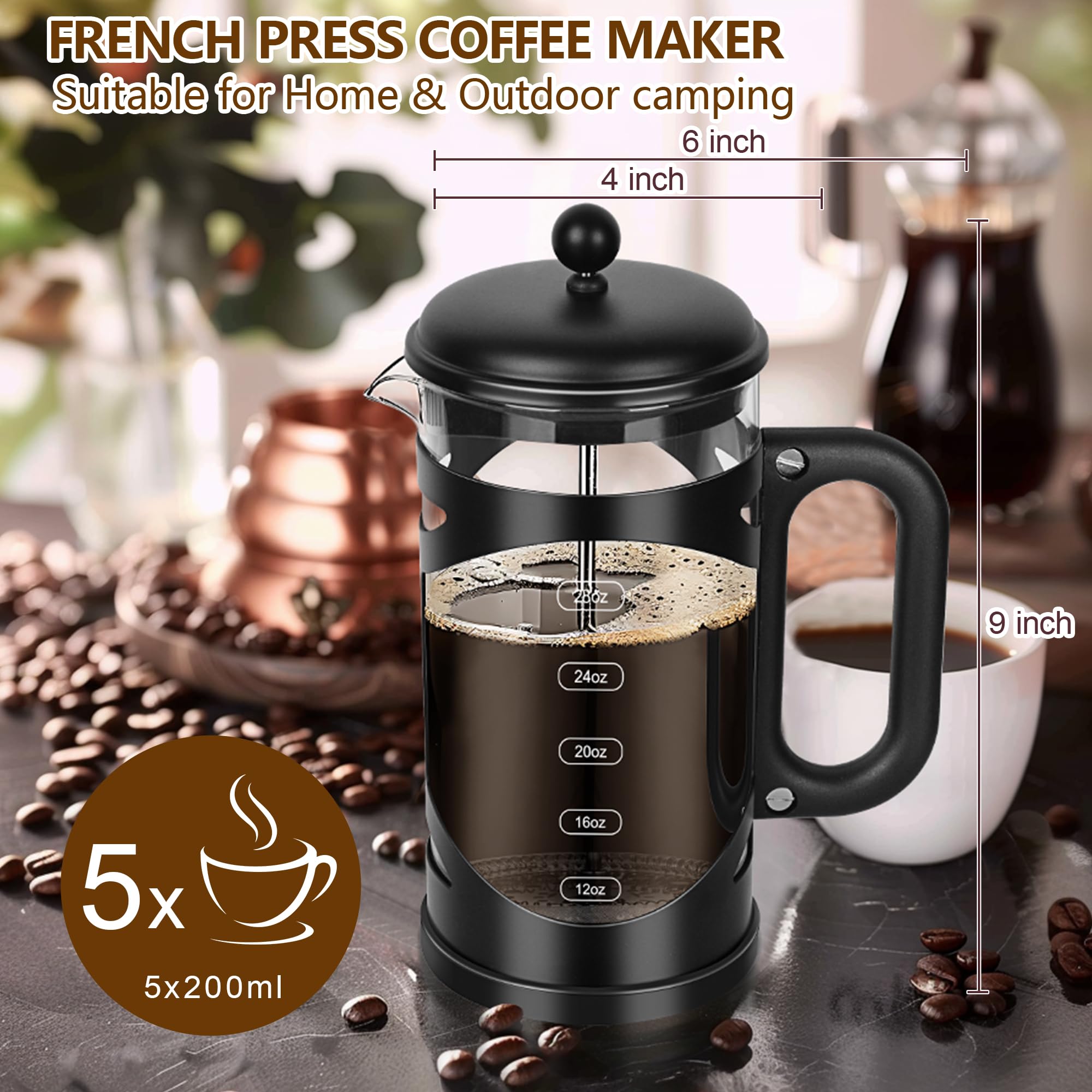 YMMIND Cafetera de prensa francesa de 34 onzas, prensa de café de acero inoxidable negro, con sistema de filtro de 4 niveles, vidrio de borosilicato de grosor resistente al calor, cafetera preparada