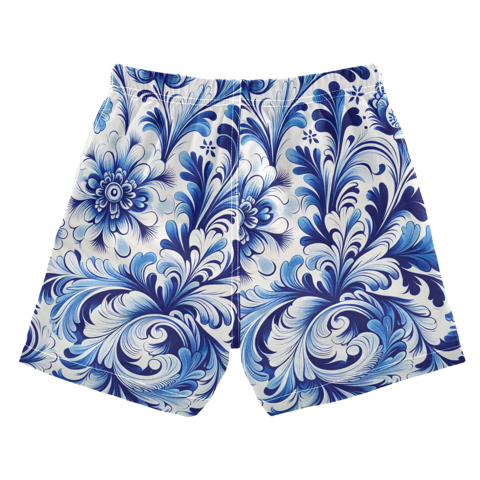 FLildon Blue White Floral Tile Little Boys Swim Trunks with Mesh Lining Quick Dry Beach Board Shorts, 3T