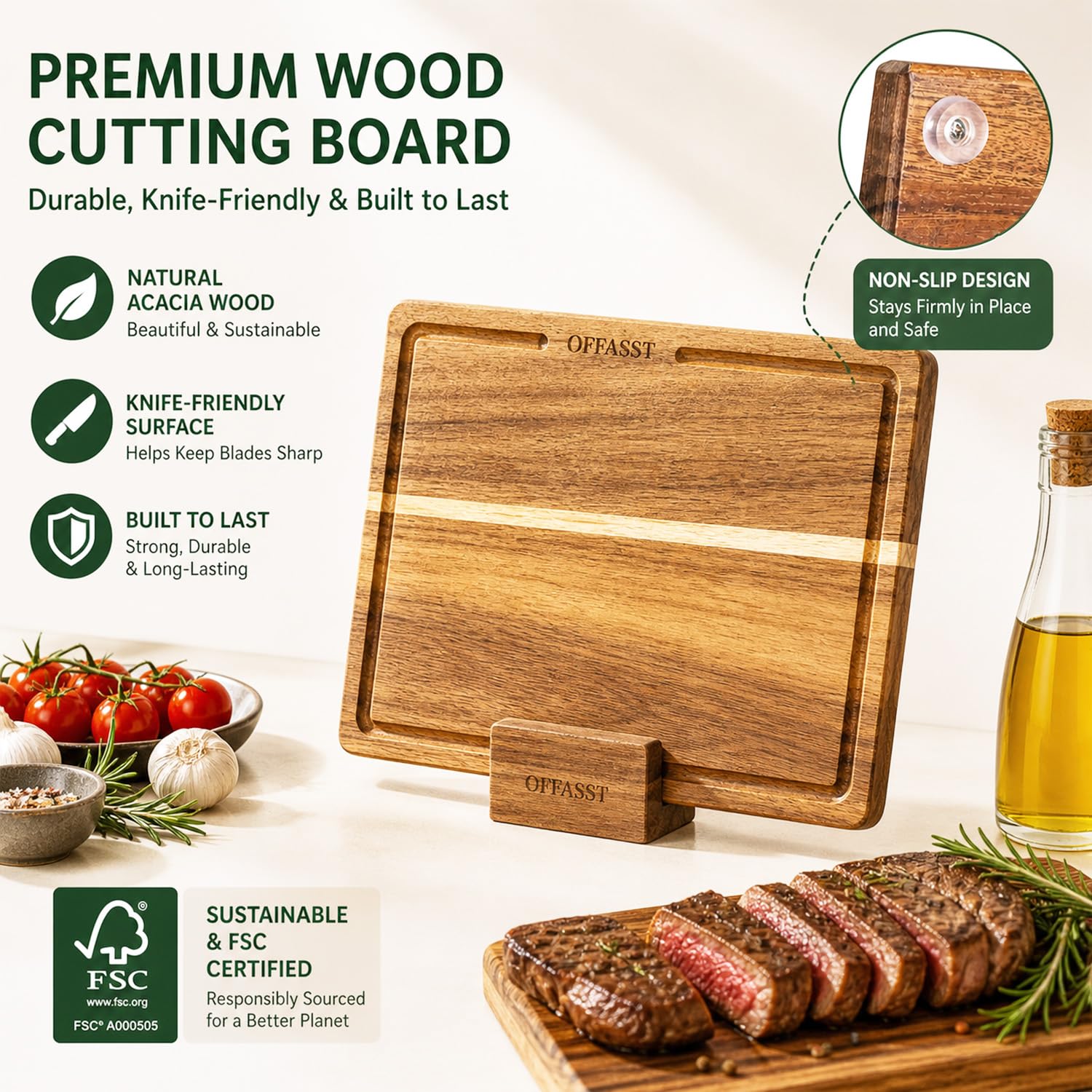 Akazienholz Schneidebrett Set 3-teilig(40x30, 33x24, 27x18cm) – Holzbrett Küche mit Brettständer, Schneidbretter aus Holz für Fleisch & Gemüse, Cutting Board
