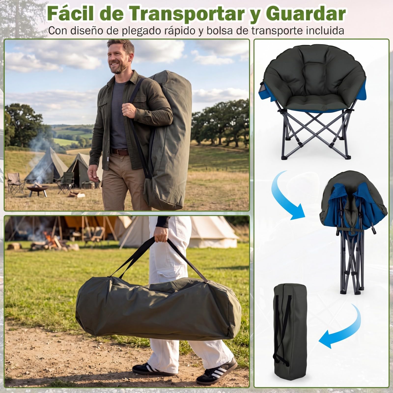 COSTWAY Silla Camping Plegable XXL, Sillón Aclchado Grande, Estructura Metálica, Portavasos, Bolsa de Transporte, Silla Exterior Portátil Playa Picnic Pesca, Carga 227 kg, 74 x 90 x 99 cm (Verde)