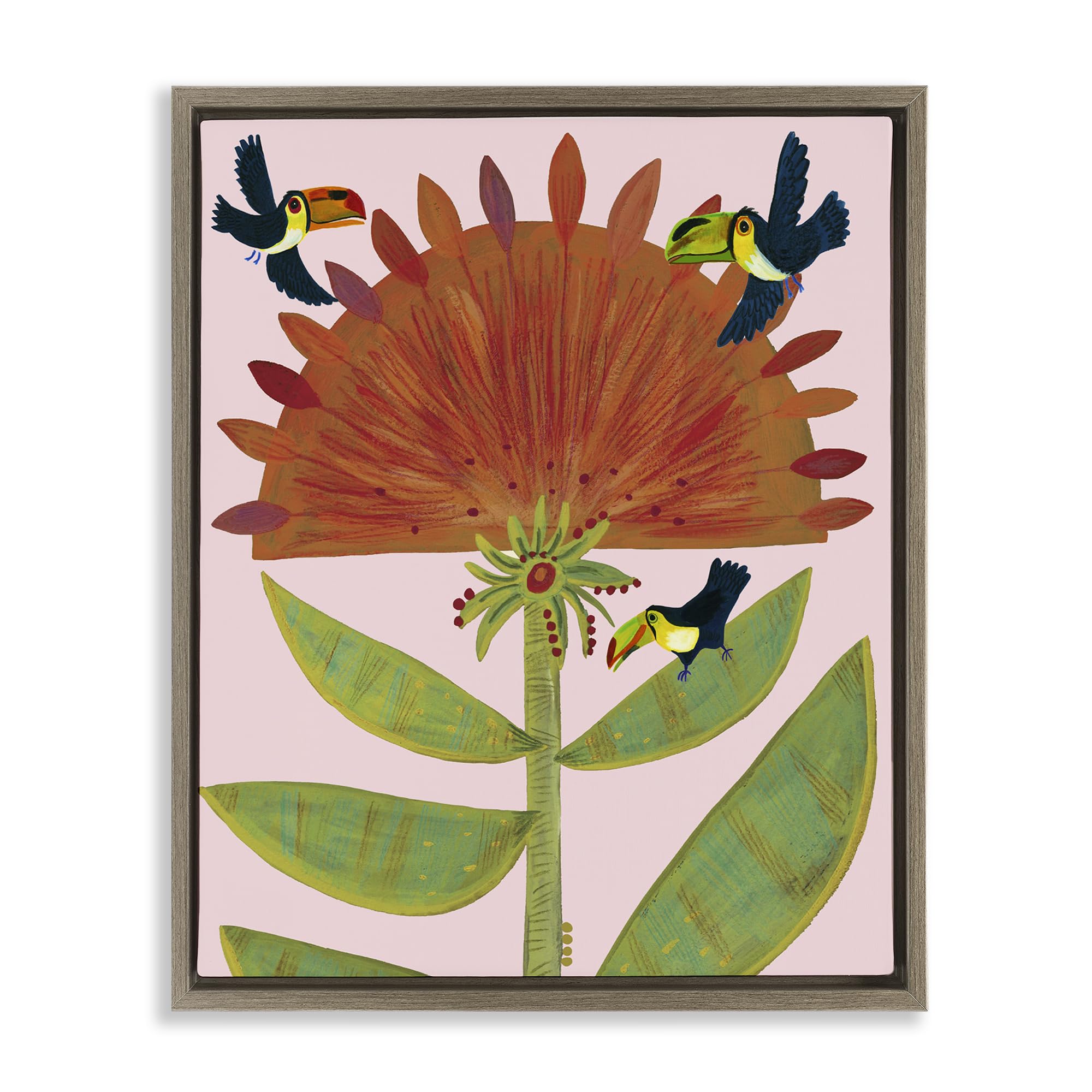 Stupell Industries Montalcino Elm (Textured) 'Tropical Plant & Toucans'| Floating Frame Canvas Art