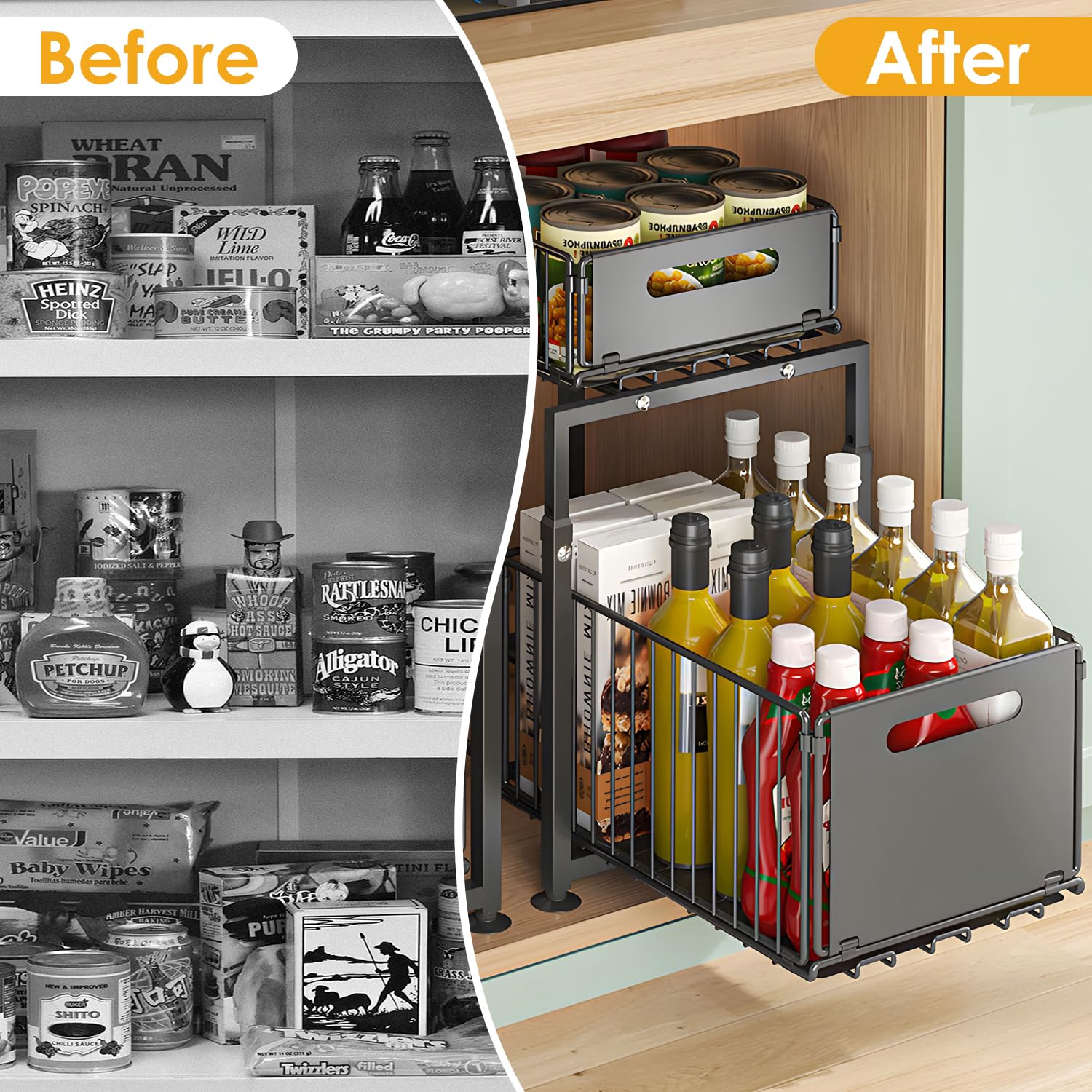Schrank Organizer Küche Ausziehbar, Unterschrank Organizer mit Schublade | 1PCS, Höhenverstellbare 41–49 cm, Metall Küchen Organizer für Spülenunterschrank und Küchenschrank, Ohne Bohren