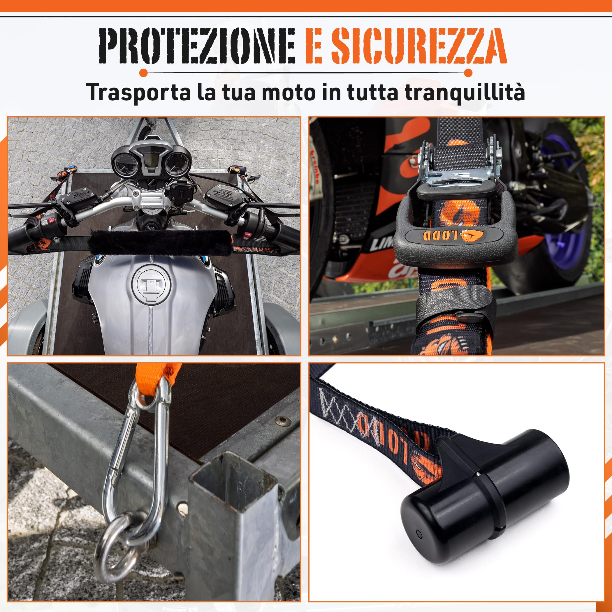 LODD – Cinghie Moto, Ancoraggio al Manubrio con Manicotti Compositi Rinforzati, 38 mm, 1100 kg, Moschettoni in acciaio, Rimorchio, Stradali & sportive (Cricchetti/Manicotti rigidi)