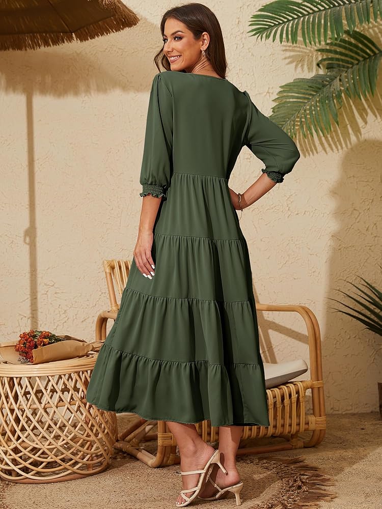 Beautiful Nomad Women's Casual V Neck Boho Dress Puff Sleeve