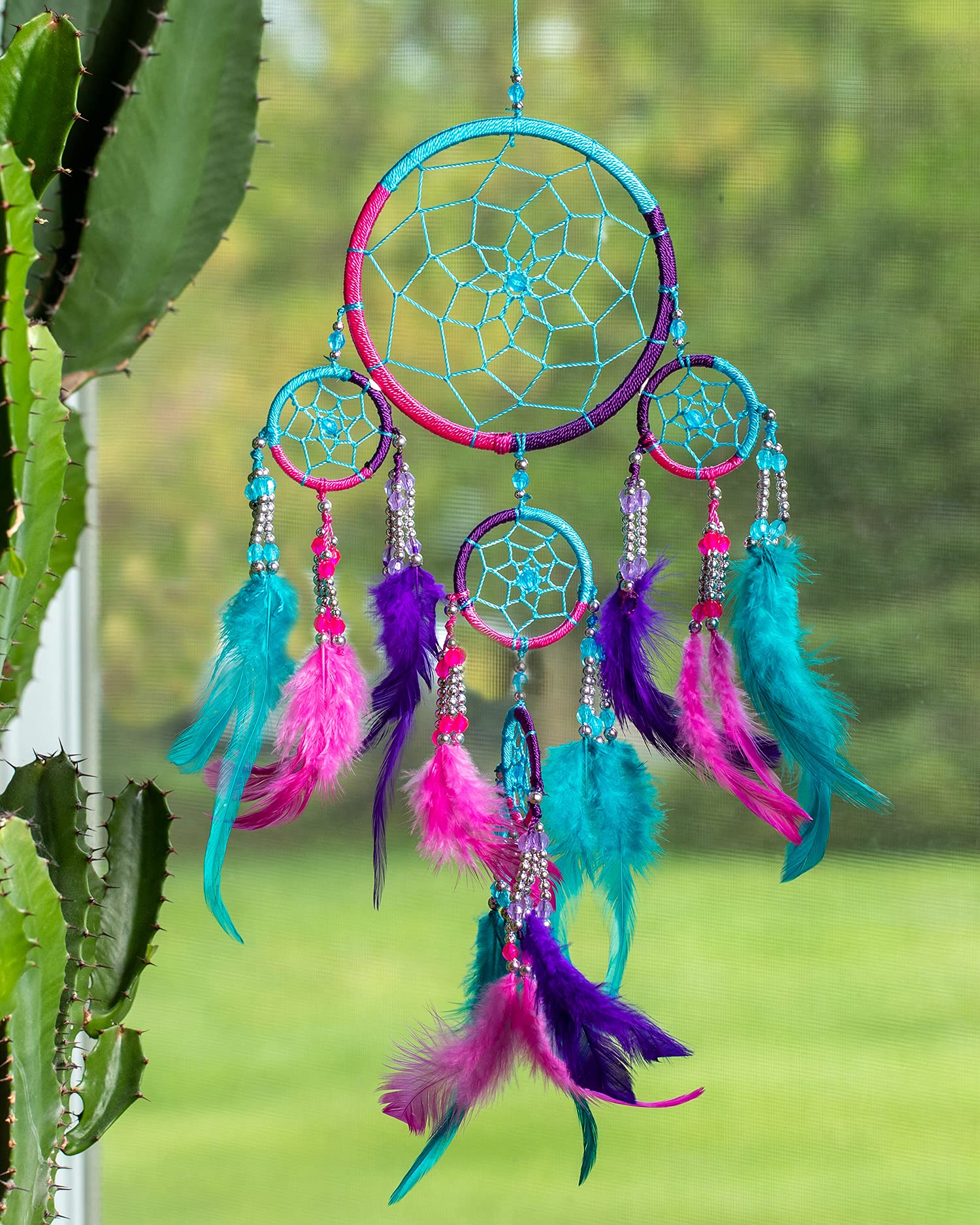 Pink Pineapple Small Handmade Bohemian Dream Catcher Ethical Hanging Dreamcatcher Wall Art with Aqua Blue - Image 2