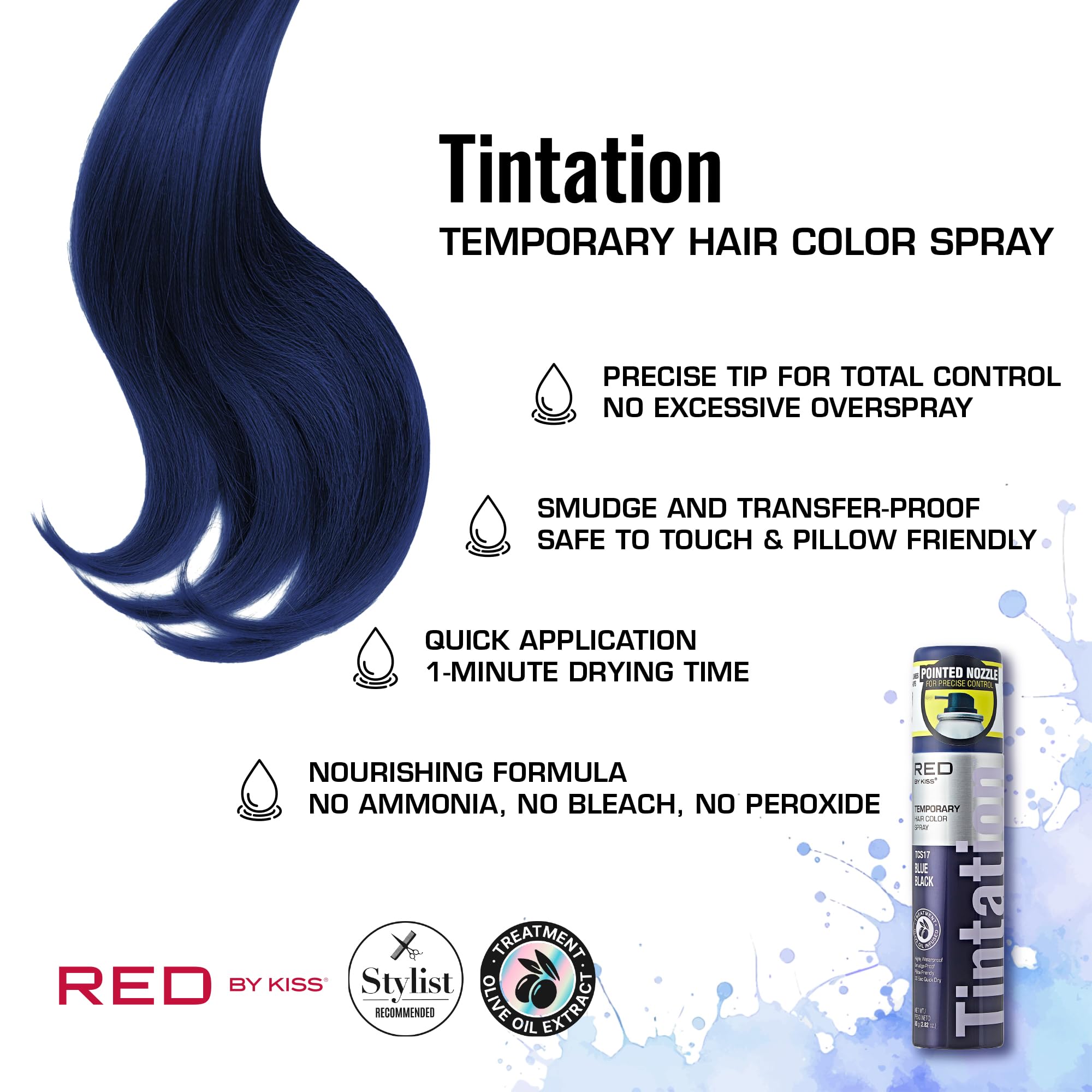Red by Kiss Tintation Temporary Hair Color Spray 2.82oz, Quick-Dry & Smudge-Proof, Vivid Color Washable Hair Dye, Styling Spray Cosplay Halloween Birthday Party Festival (Blue Black)