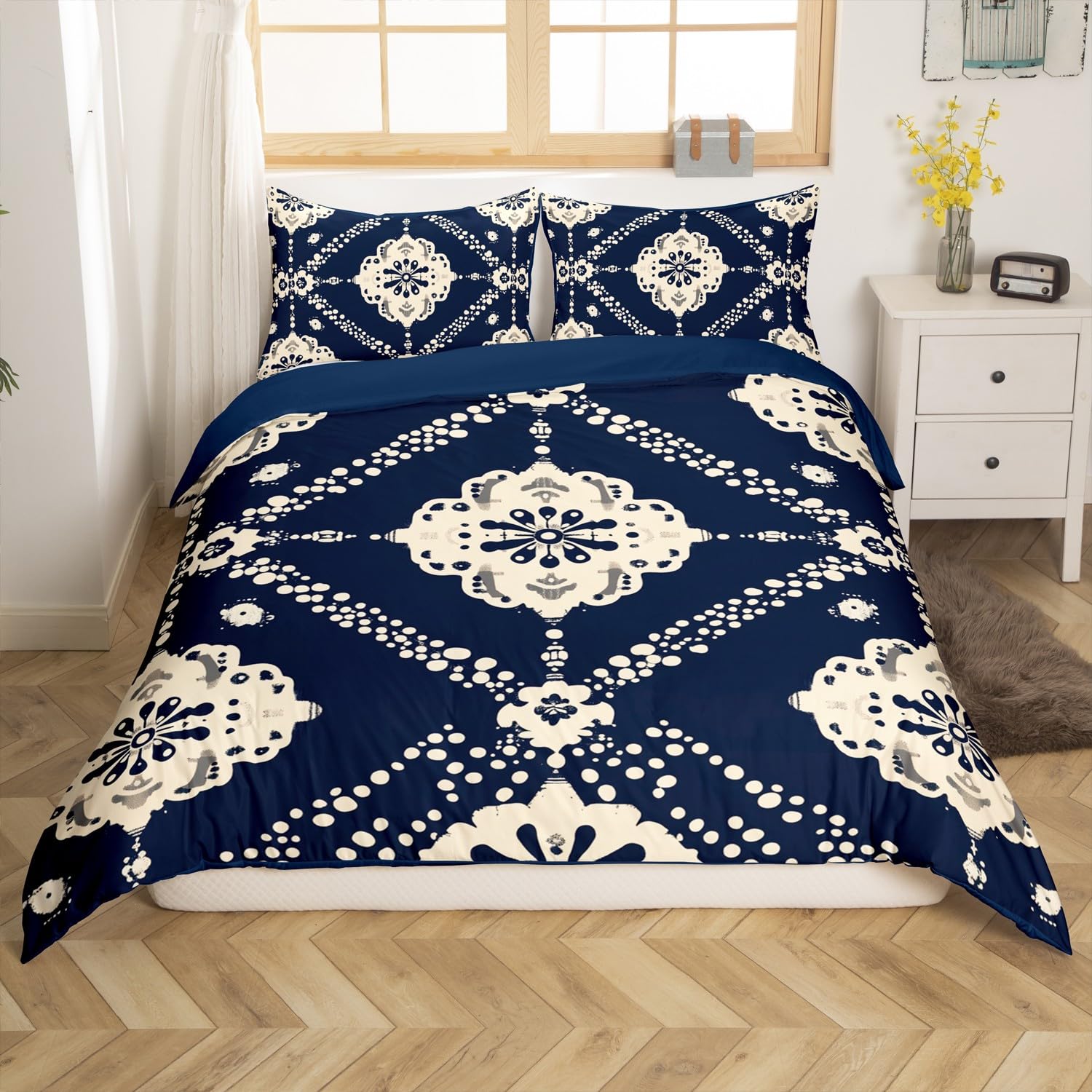 Exotic Tribal Style Duvet Cover Set Toddler,Polka Dot Vintage Bedding Set for Kids Girls Boys Room Decor,Geometric Abstract Art Comforter Cover 2Pcs,Retro Flower Navy Bedspreads Cover,1 Pillowcase