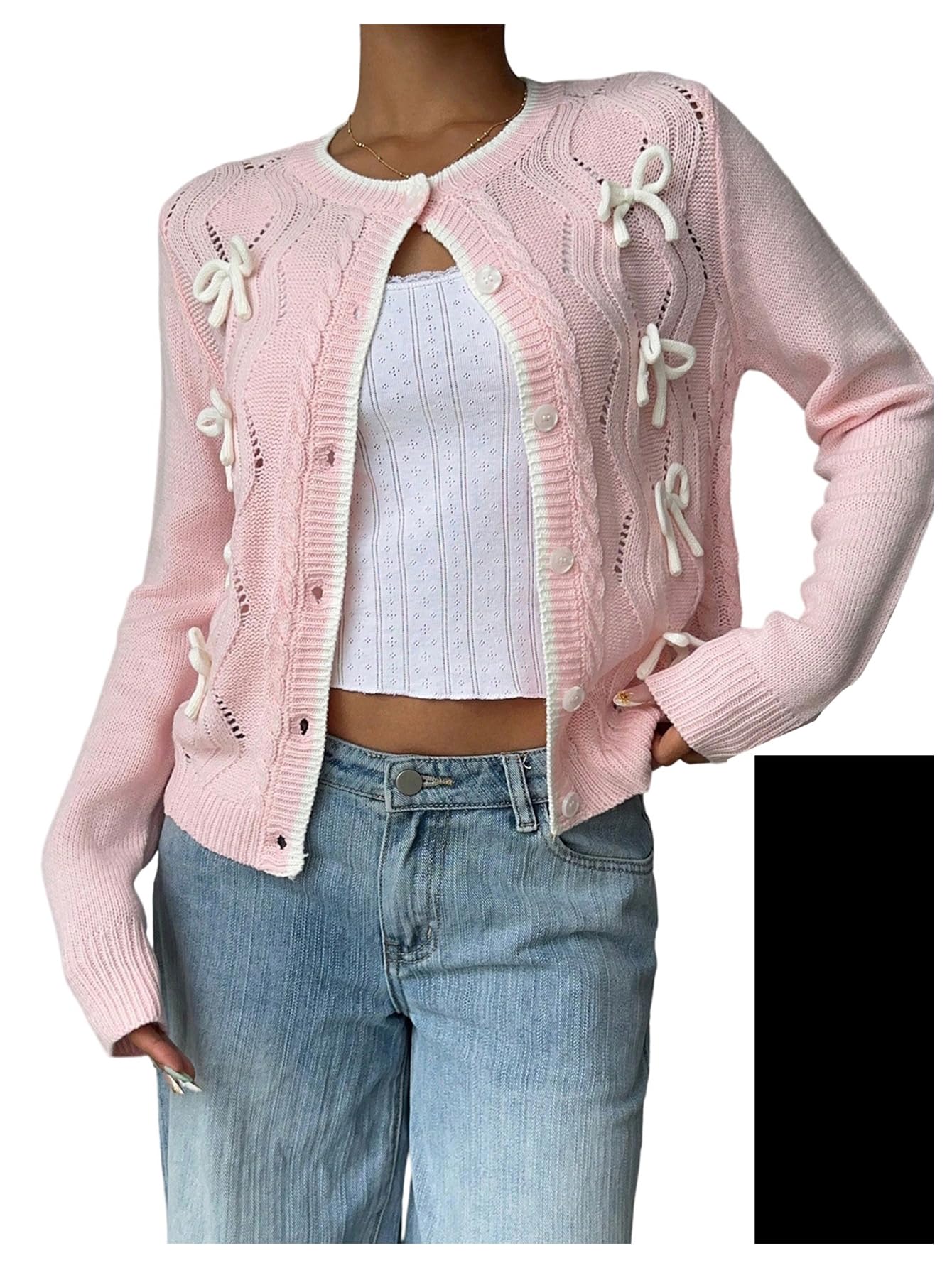 SweatyRocks Womens Bow Cardigans Crewneck Button Down Long Sleeve Knitted Sweater Jacket