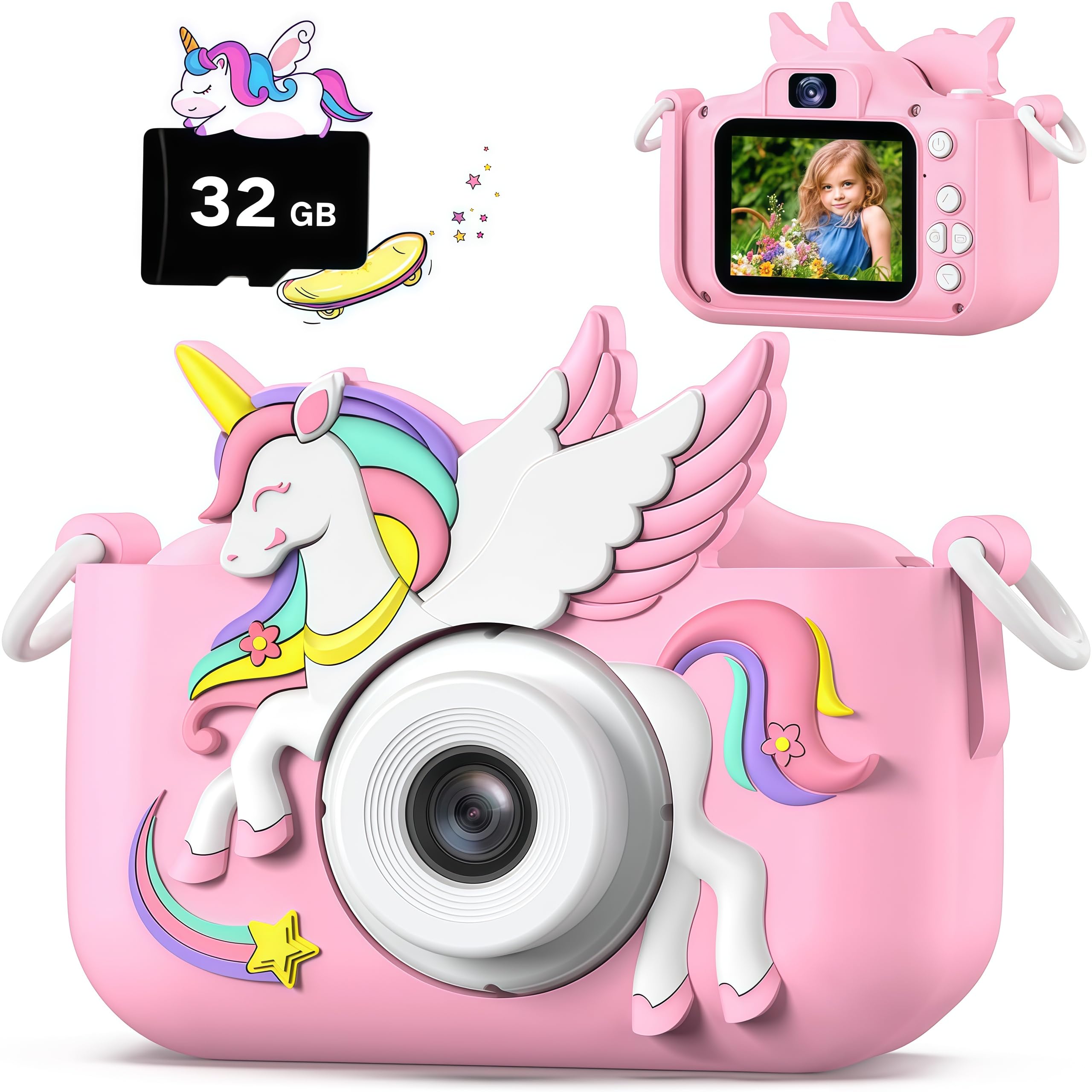 Kids Camera for Boys Girls, 1080P HD Digital Selfie Camera with Cute Protective Cover and 32G SD Card, Christmas Birthday Gifts Toys for 3 4 5 6 7 8 9 10 11 12 Years Old (H31-Colorful Pink)