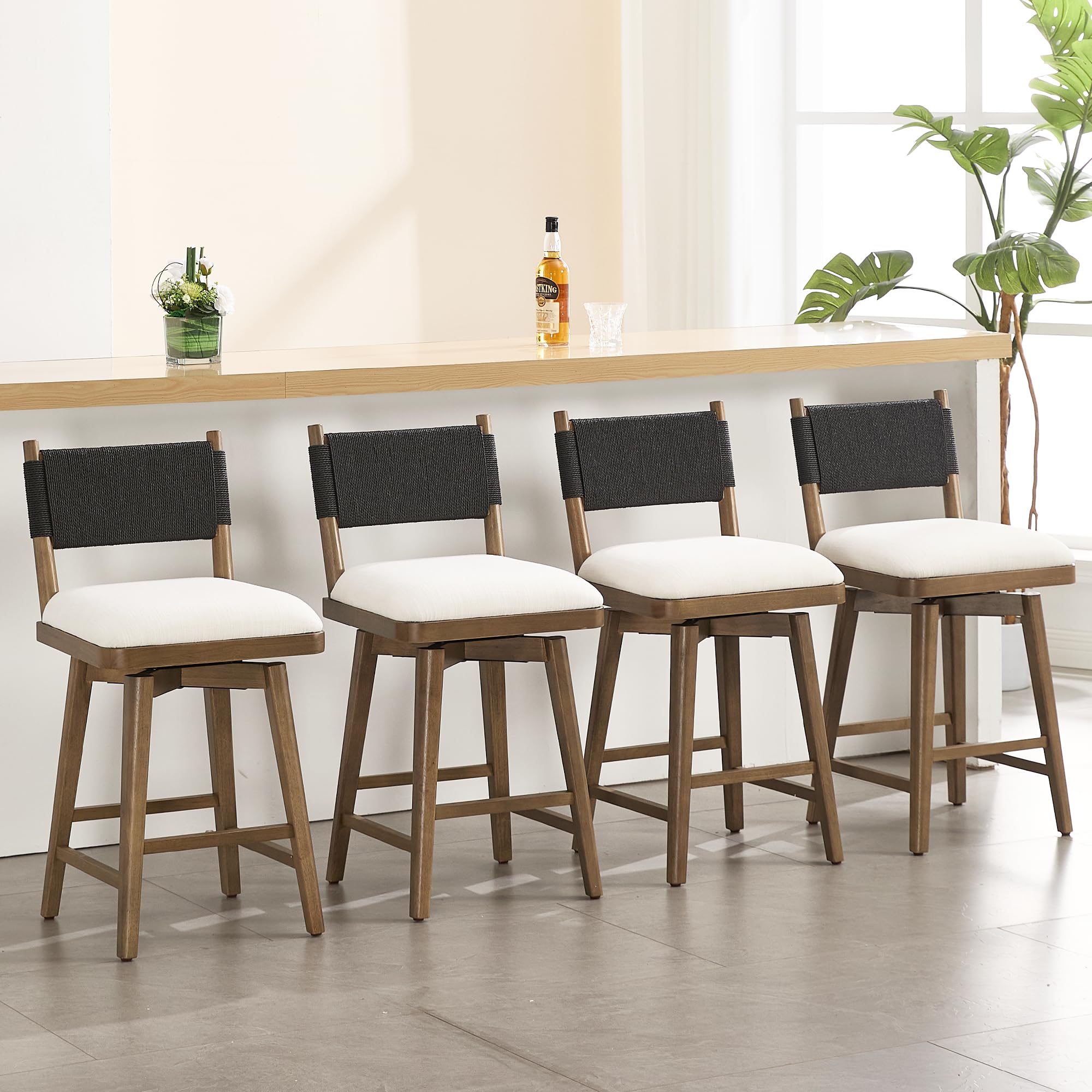 DM Furniture Swivel Counter Stools Set of 4, Linen Fabric Upholstered Kitchen Stool Chairs with Woven Rope Back and Solid Wood Legs, Rustic Armless