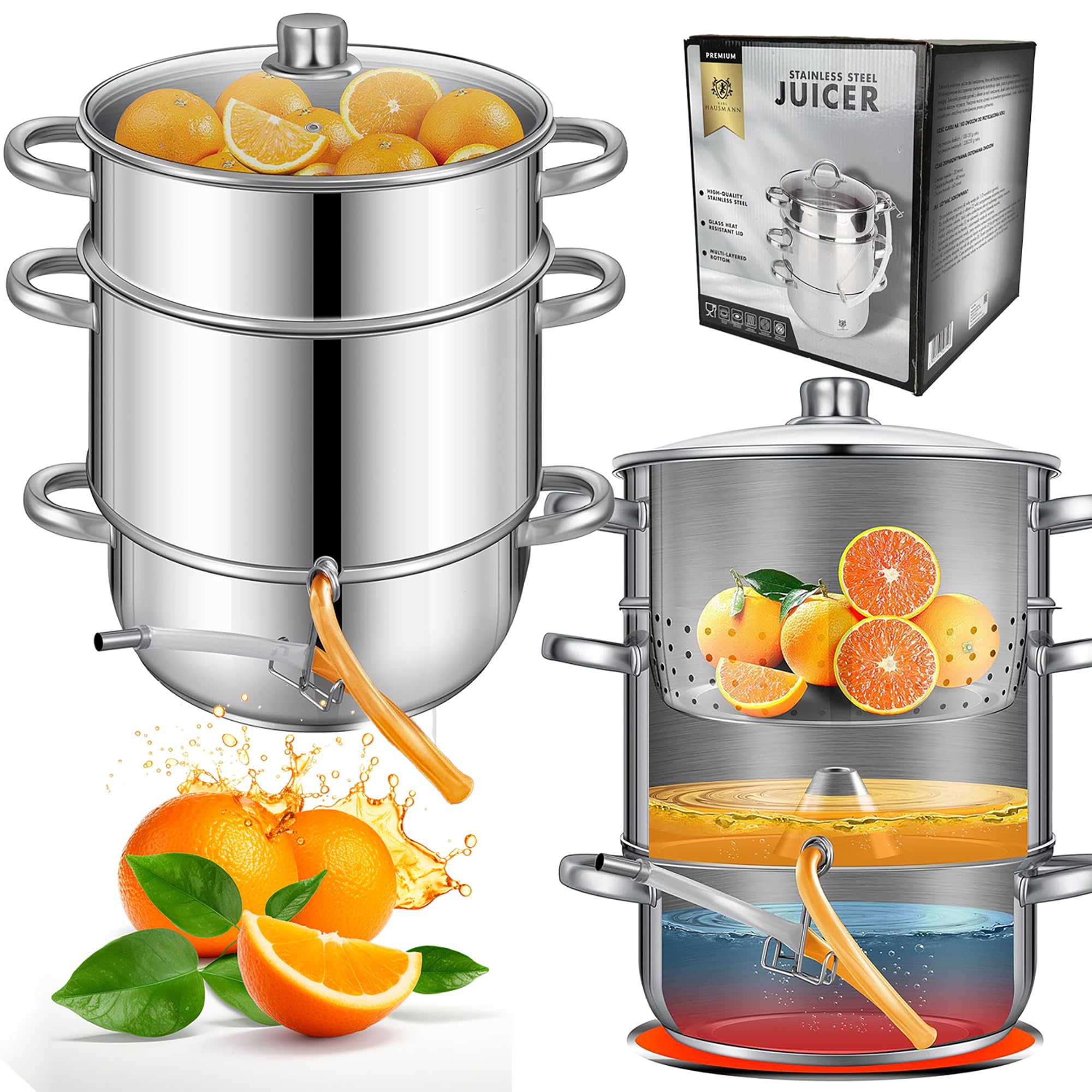 KARL HAUSMANN Extracteur de Jus Vapeur Inox 8L pour Induction, Gaz, Vitrocéramique et Électrique - Extracteur jus Fruits et Légumes Maison avec Tuyau, sans BPA, Grande Capacité