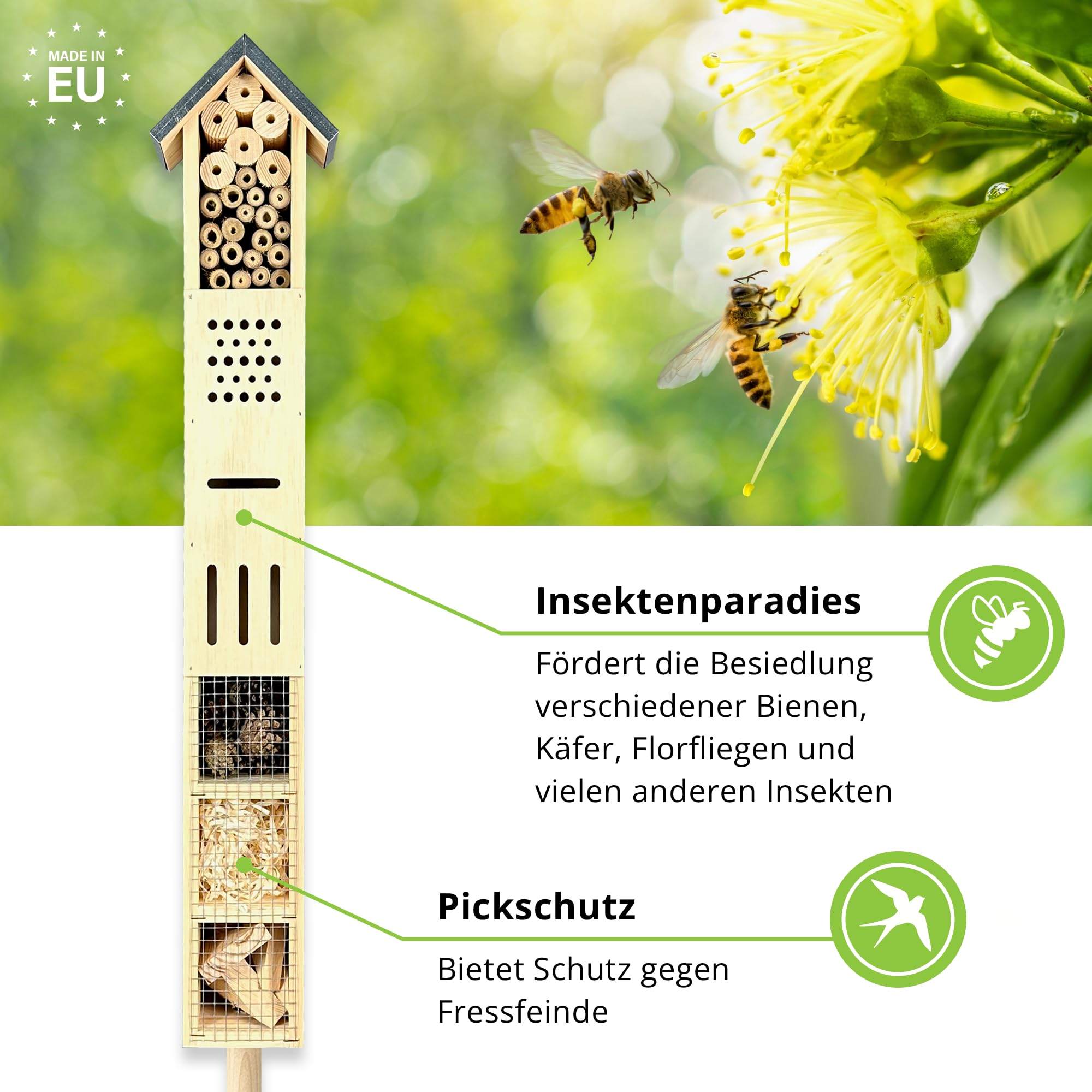GARTENETAGE Freistehendes Insektenhotel aus Holz mit Erdspieß – Ideal für Wildbienen, Schmetterlinge & Co – Wetterfest mit Bambusrohren, Tannenzapfen & Holzwolle – Fördert Bestäubung & Artenvielfalt