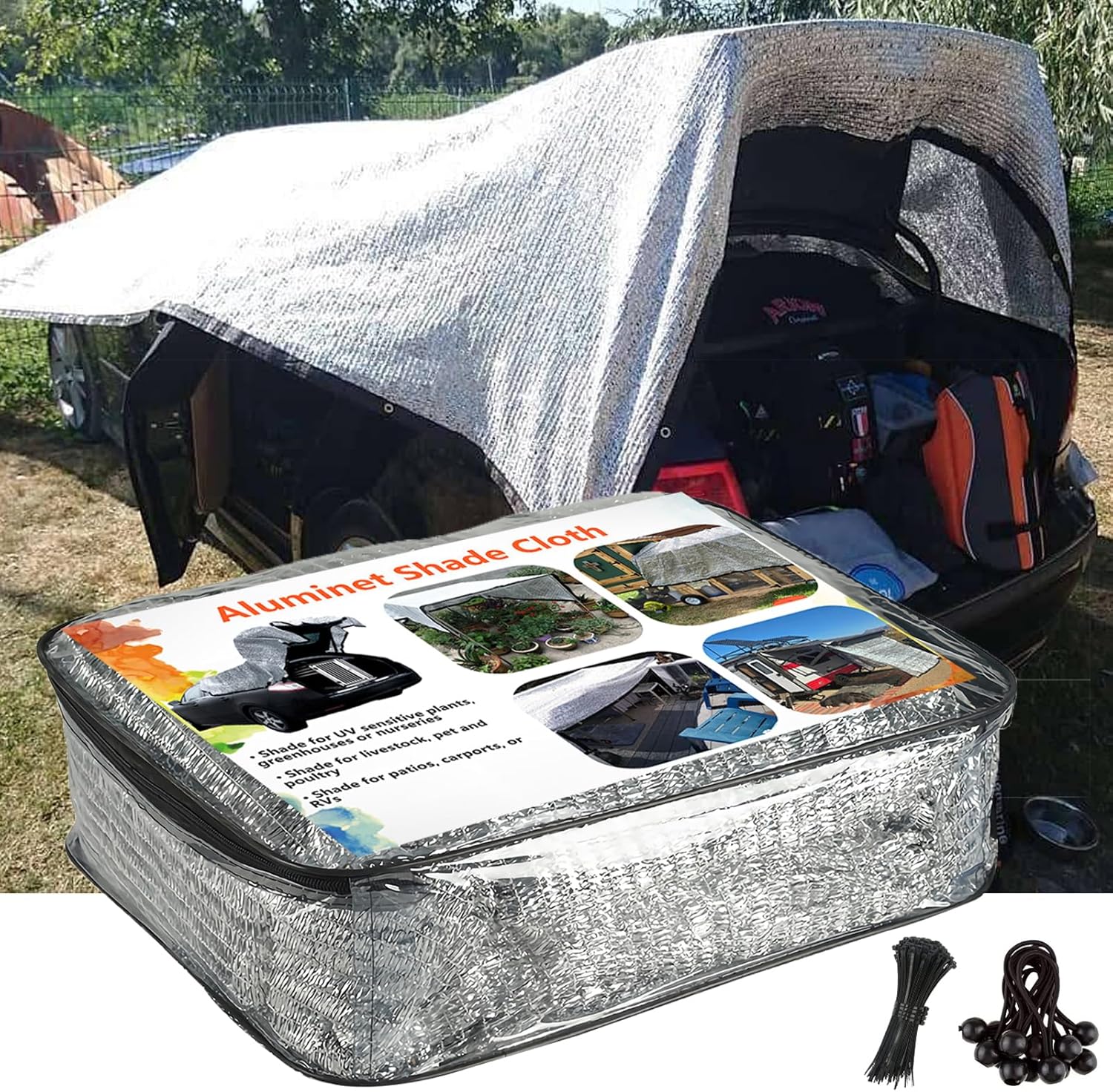 12x15ft 85% Aluminet Shade Cloth Reflective Shade Netting Sun Shade Cover with Grommets for Garden, Car, Chicken Coop, Dog Kennel, Outdoor, Pergola, Patio, Camping, Pet