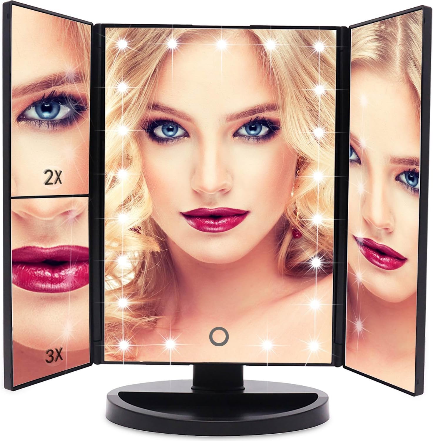 Vanity Mirror 21 LED lighted Makeup Mirror With Magnification Trifold Touch Screen, USB Charging 180°Free Rotation Table Countertop Cosmetic Mirror (BLACK)