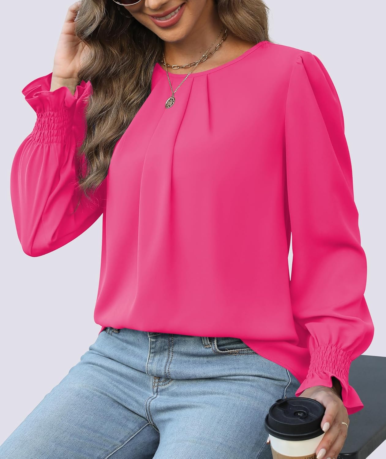 Funlingo Womens Tops Dressy Casual Smocked Long Sleeve Shirts Crew Neck Loose Chiffon Tunics Office Work Blouses - Image 6