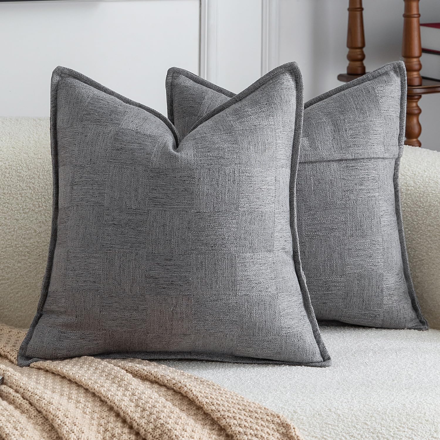 Madizz Pack of 2 Decorative Cushion Covers 40x40 CM Bluish Grey Soft Linen Blend Throw Pillows Solid Textured Pillow Covers for Couch Sofa Bedroom Living Room