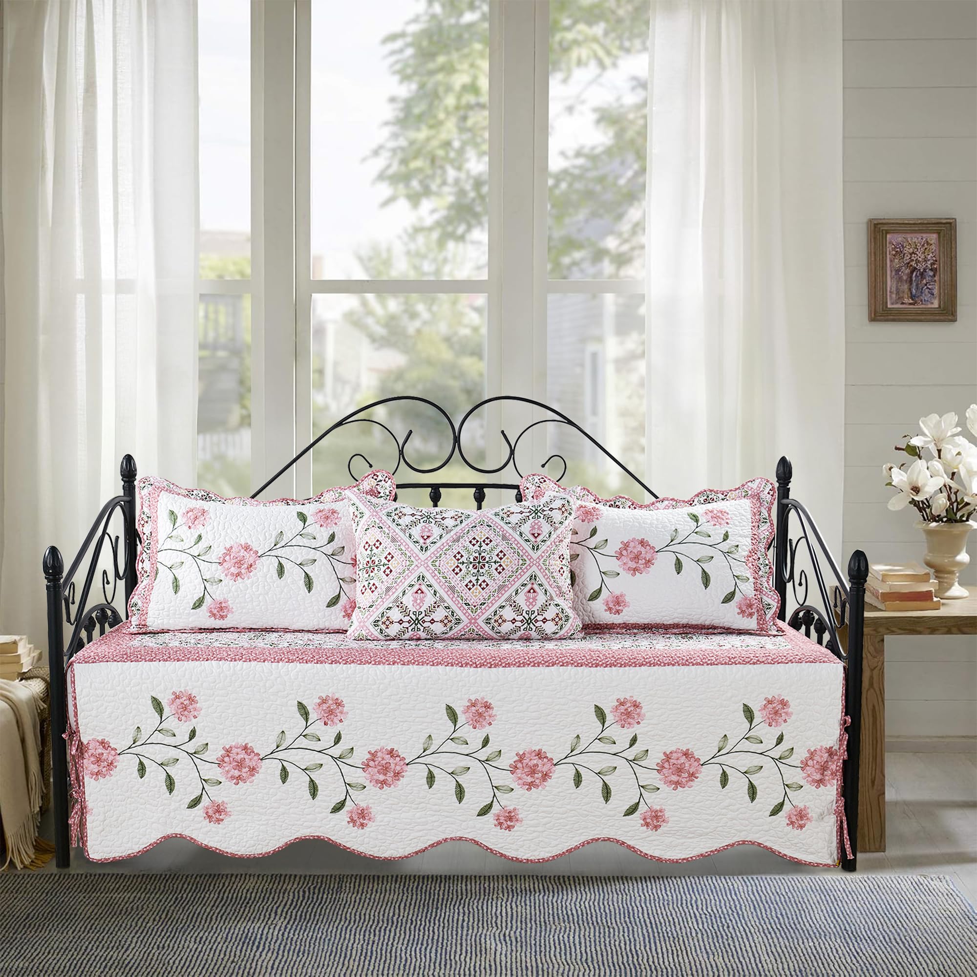 4-Piece Quilted Microfiber Daybed Cover Set with Floral Embroidery, All Season Luxurious Bedding with Matching Shams, 75"x39", Peony