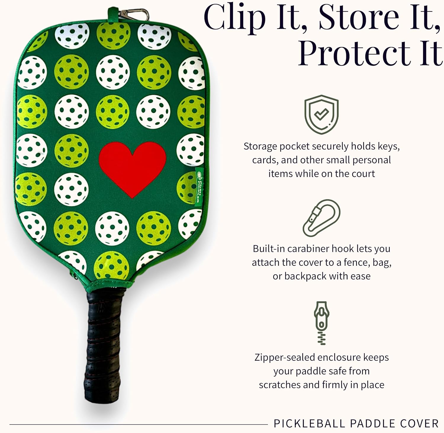 Posh Pickler Neoprene Pickleball Paddle Cover with Zipper Pocket & Carabiner Clip, Pickleball Accessories Gifts for Women and Men, Fits Standard and Elongated Size Paddles, Weather-Resistant, 12" x 9"