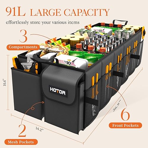 Miniatura 2 de HOTOR Organizador plegable para maletero, SUV y sedán, 3 compartimentos, 35.4 x 14.2 x 10.6 pulgadas, organizador de accesorios de coche negro