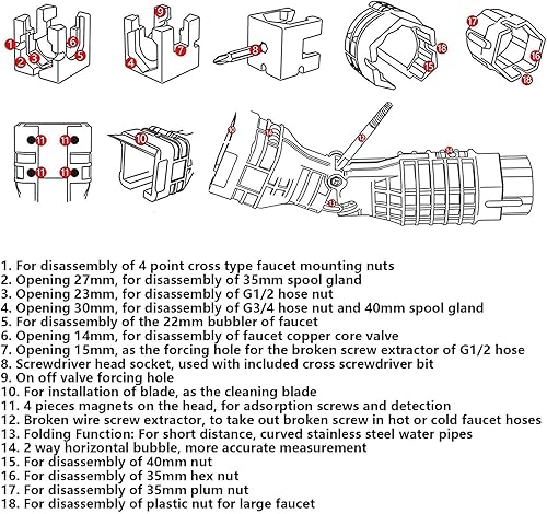 Miniatura 2 de Instalador de grifo y fregadero) 18 en 1) Llave portátil multiusos para inodoro, fregadero, baño, cocina, reparación de plomería, herramientas