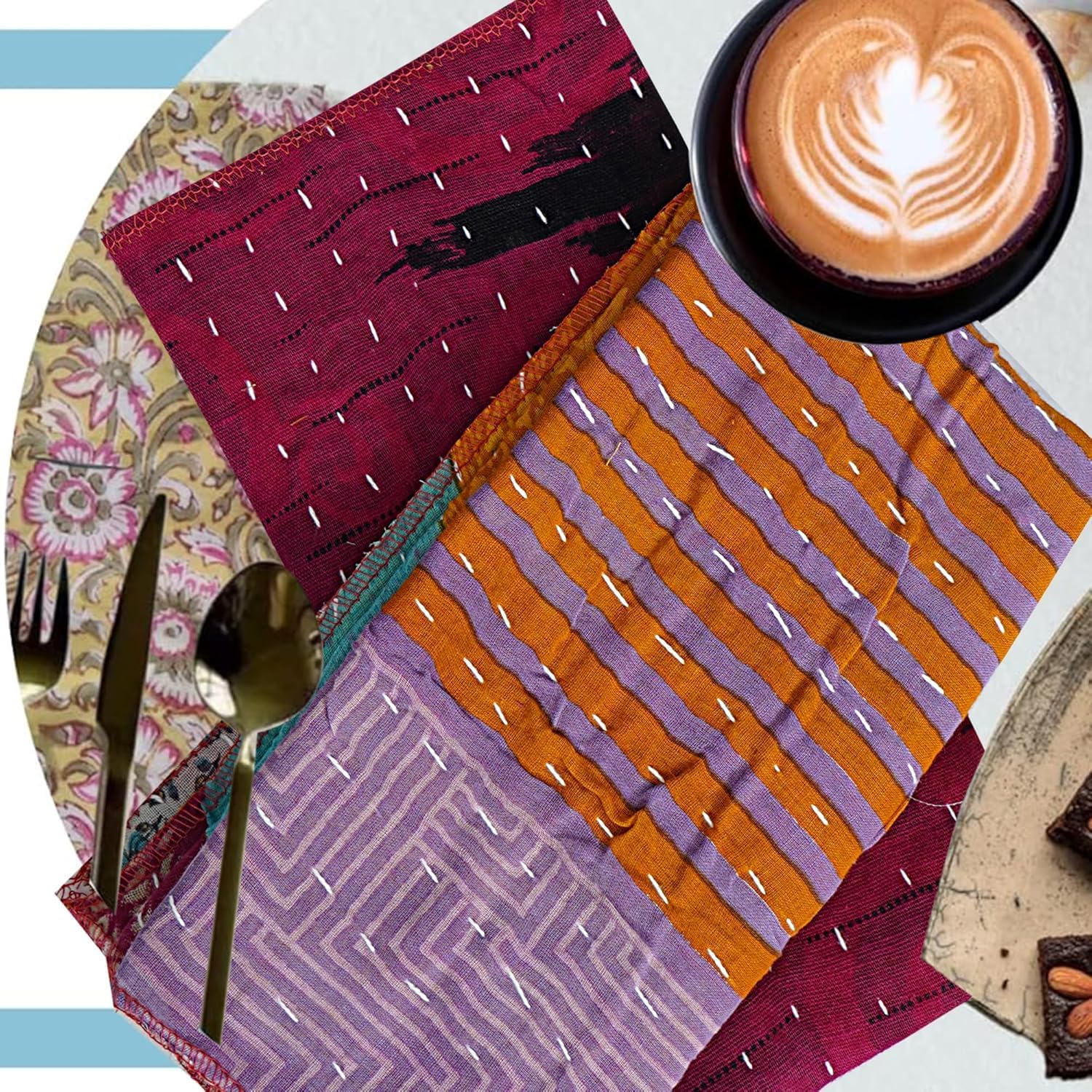 Wholesale Lot of Indian Vintage Kantha Kitchen Towels Table Decor 100% Cotton Handmade 18X18 Inch Peinted Home Decor Bohemian Kantha Napkins (10)