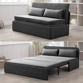 BALUS Queen Size Sofa Bed Couch, Convertible Sleeper Sofa with Pullout Beds, Folding Sofabed Guest Bed with 2 Pillows, Linen Fabric Sofas Armless Loveseat for Living Room Apartment Loft - Dark Grey