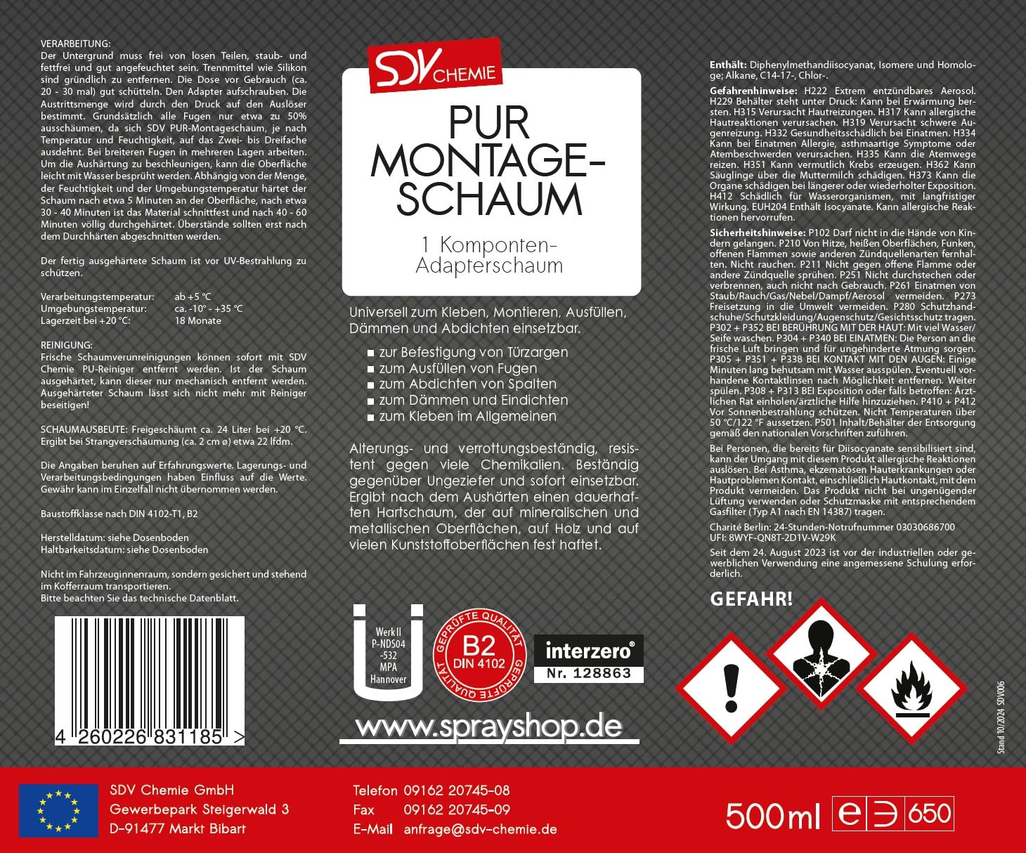 SDV Chemie Montageschaum B2 1x 500ml Bauschaum | Füllschaum, Adapterschaum, Dämmschaum