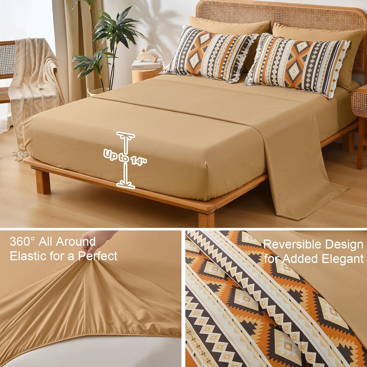 Dinjoy Boho King Size Bed in A Bag 7 Pieces,Yellow Brown Comforter Set Aztec Striped Fall Bedding Set Patchwork Complete Set Geometric Pattern Comforters for Women 90"×104" - Image 4