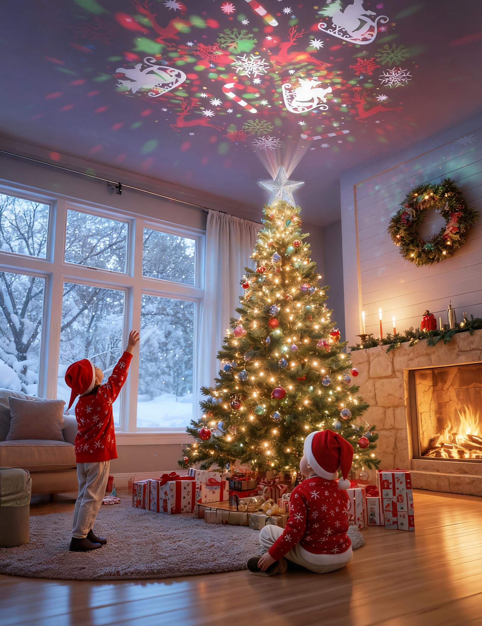 DG-Direct Cimier de sapin de Noël lumineux avec 6 motifs projetés, étoile 3D creuse étincelante avec projecteur magique rotatif pour décoration de sapin de Noël (argenté)