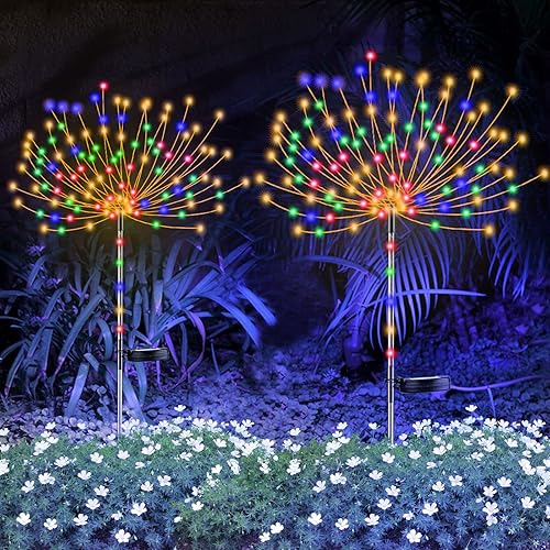 2 luces solares de fuegos artificiales mejoradas luces decorativas de jardín solares para exteriores 120 luces LED alimentadas por 40 cables de