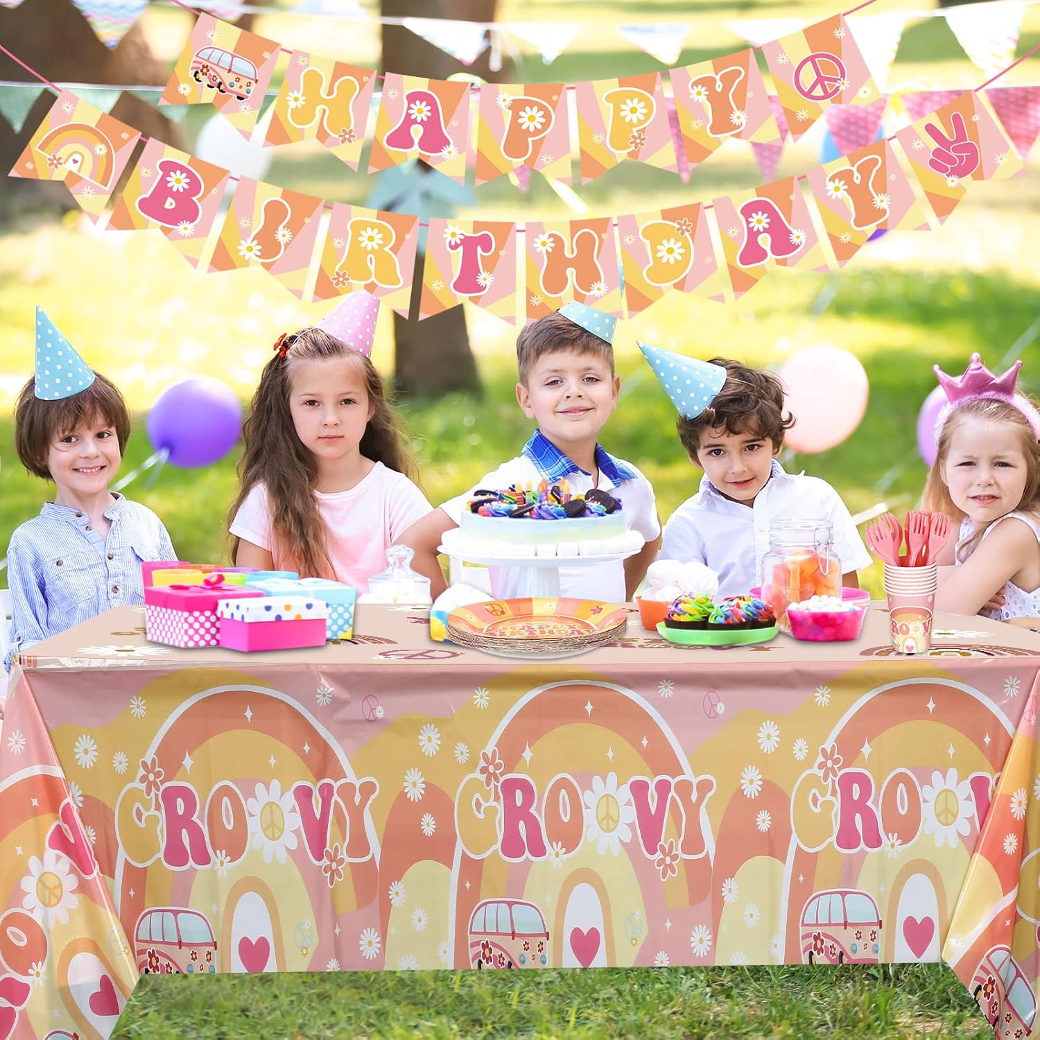 189 Pcs Two Groovy Birthday Party Tableware Set, Groovy Boho Hippie Daisy Tablecloth 24 Guests Dinner Plates Dessert Plates Cups and Napkins for Girl Retro Rainbow Boho Party Decorations Supplies