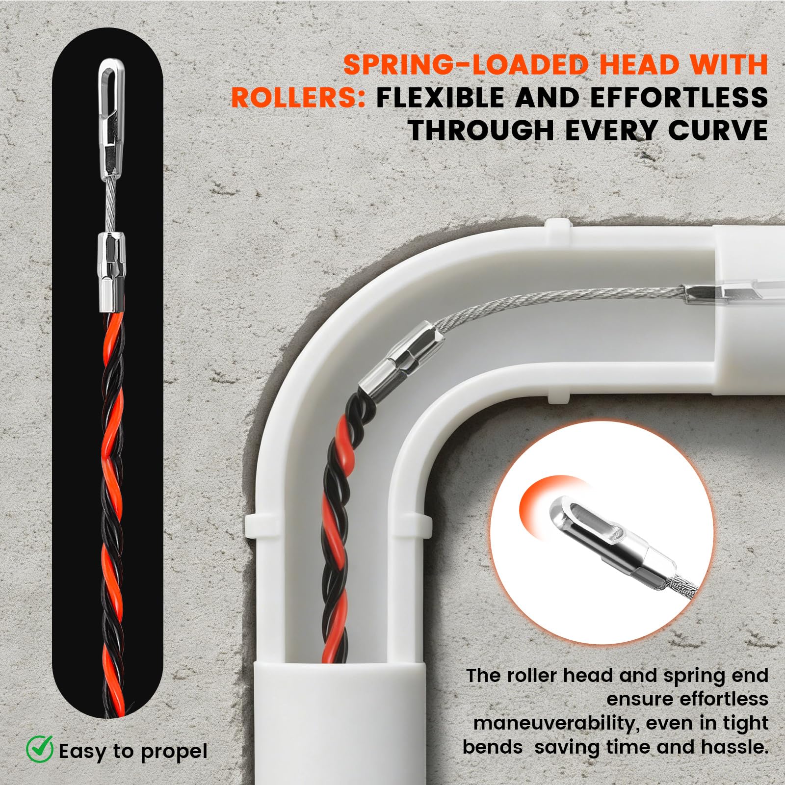 Guía Pasacables 30m, Enhebrador de Alambre Electrico Diámetro 5 mm, Sonda Guía para Electricista con 2 Muelles de Guía, con Mango, Herramienta para Pasar Cables en Instalaciones Eléctricas (Naranja)