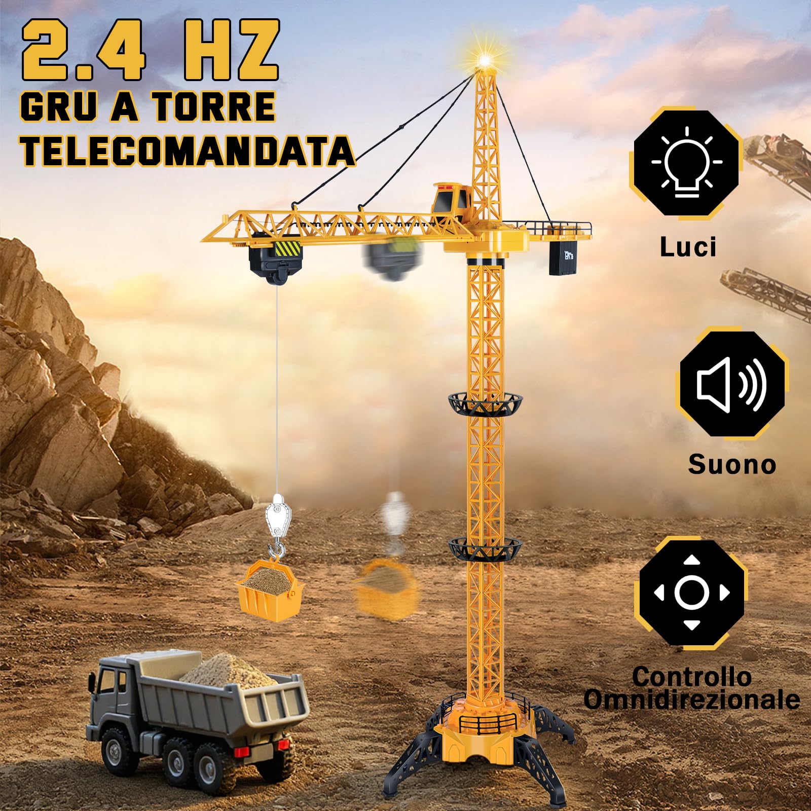 JONRRYIN Grúa Torre Teledirigida, 128 cm RC Grúas Torre de Construcción, Modelos Grúa 6 Canales, Control de Grúa Torre de Juguete con Luces y Sonidos para de 3 Años en Adelante