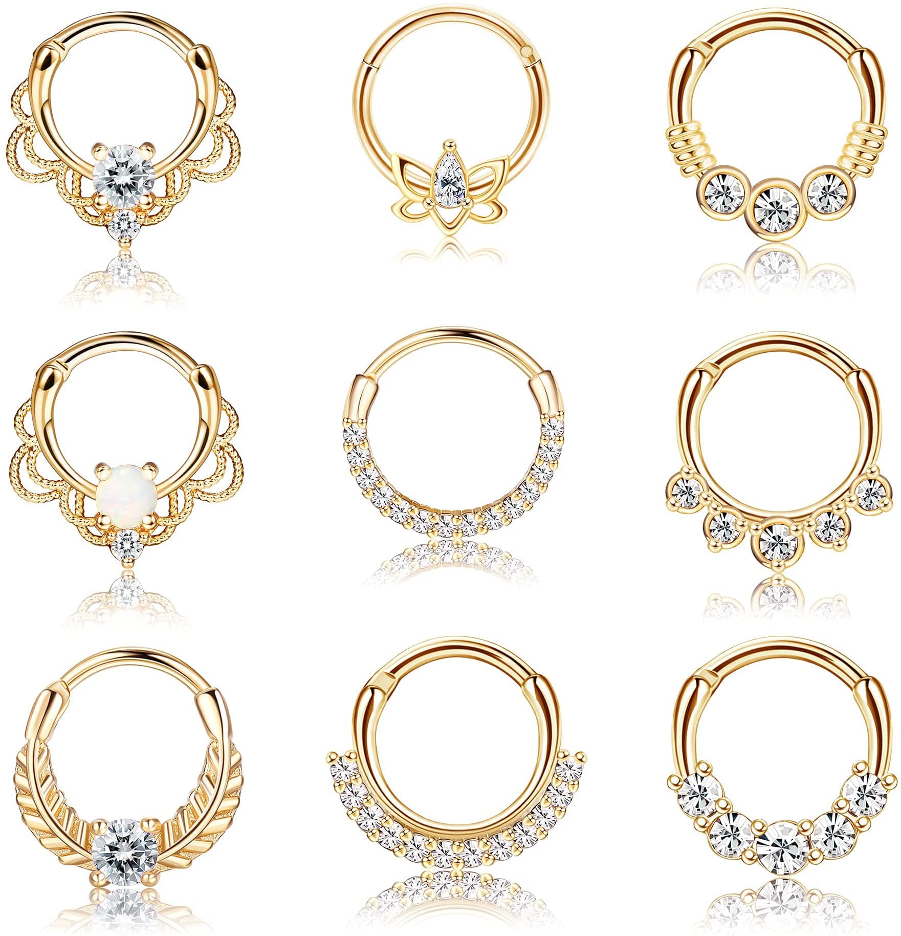 CASSIECA8/9 PCS 16G Piercing Nariz Aro para Mujeres Hombres Daith Pendientes Piercing Nariz Acero Quirurgico Nostril Piercing Nariz Septum Helix Tragus Piercing Joyas Plata Oro Oro rosa Negro
