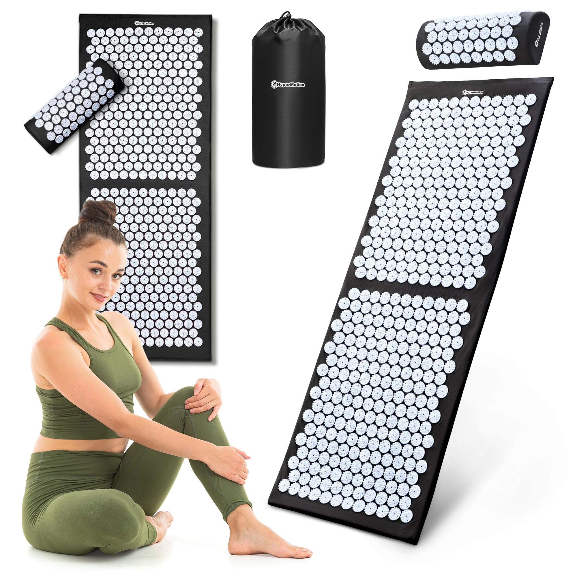 HyperMotion Akupressurmatte mit Kissen - Akupunktur Matte - Massagematte Ganzkörpermassage und Regeneration, Akupressurmatte Set für Entspannung Schwarz-Weiß, 130 x 50 x 2 cm