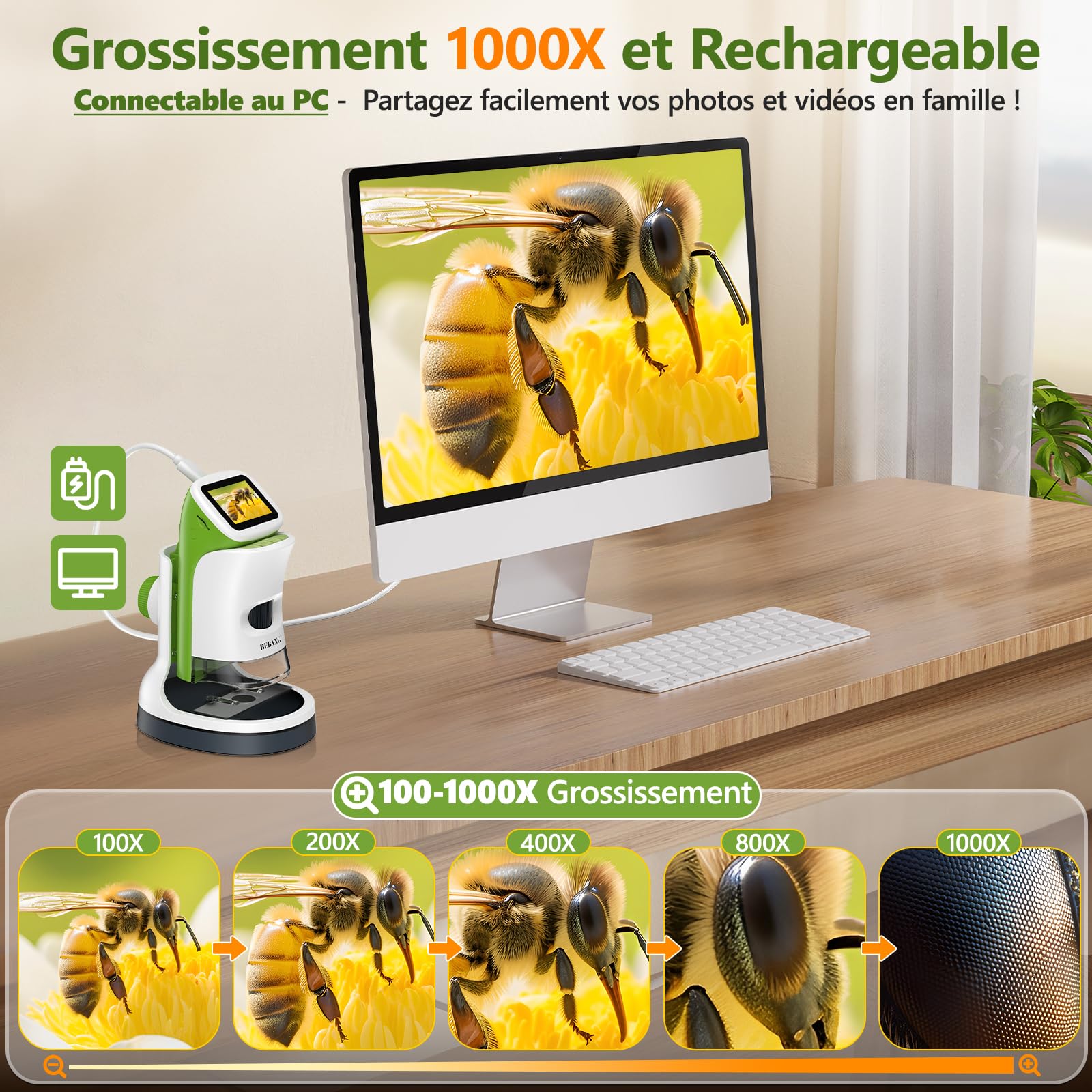 Microscope Numérique Portable de Poche pour Enfant, Mini Scope Détachable HD 4K 2" Écran Cadeau Noël Garçons Filles Jouet Éducatif STEM Kit d'expériences Scientifiques avec Lames et Carte 32G