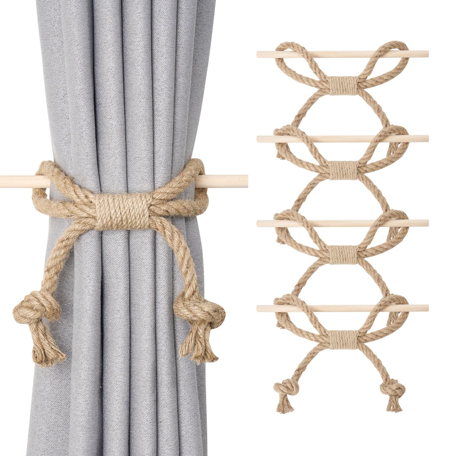 NICEEC 4 Pack Natural Jute Rope Curtain Tiebacks Boho Rustic Style Decorative Drape Tie Backs Farmhouse Hand-Woven Rope Curtain Holdbacks with Wood