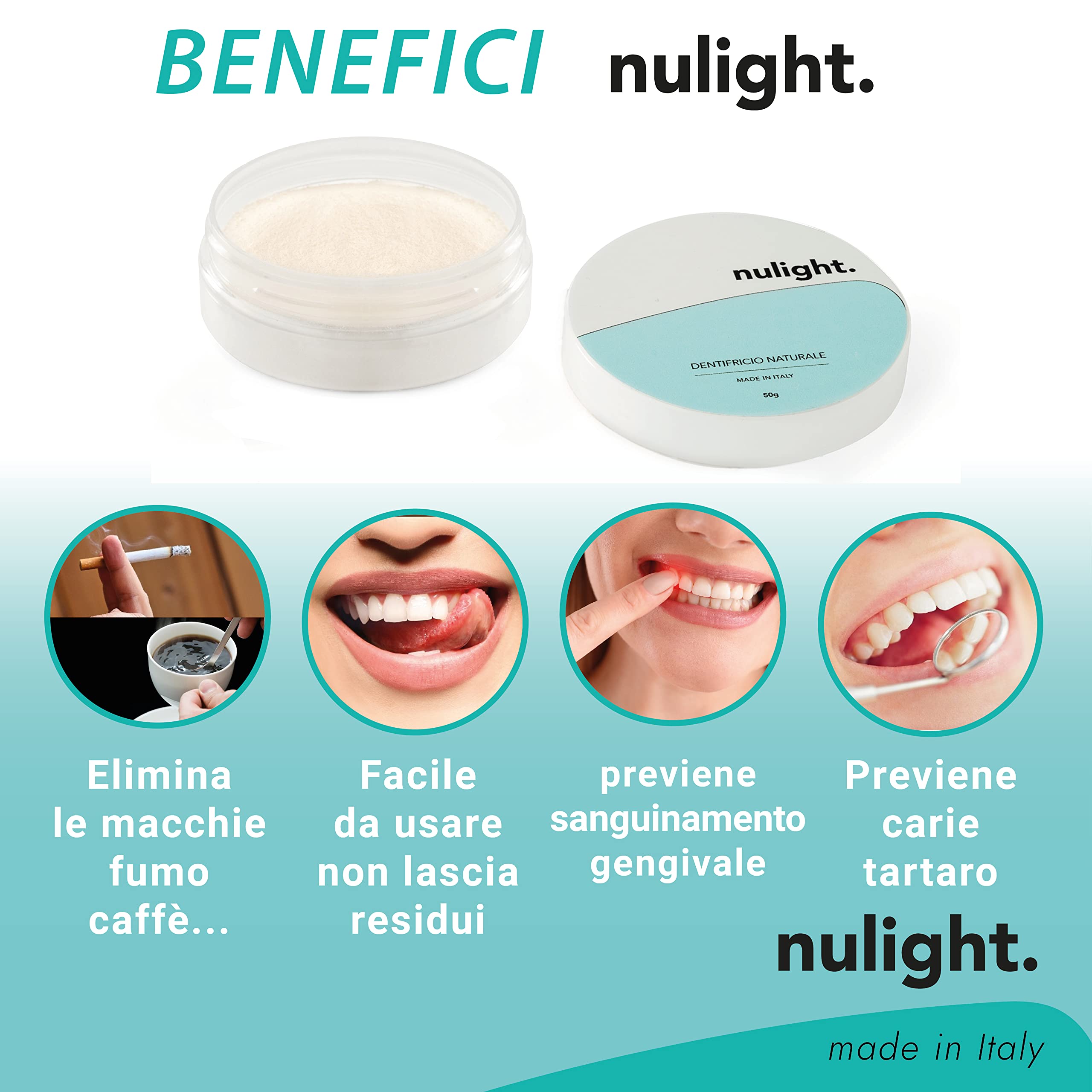 Nulight Dentifricio in Polvere per Sbiancamento Denti Professionale Senza Fluoro per Gengive e Denti Bianchi Sensibili Made in Italy Vegano Bambini e Adulti 50g (1)
