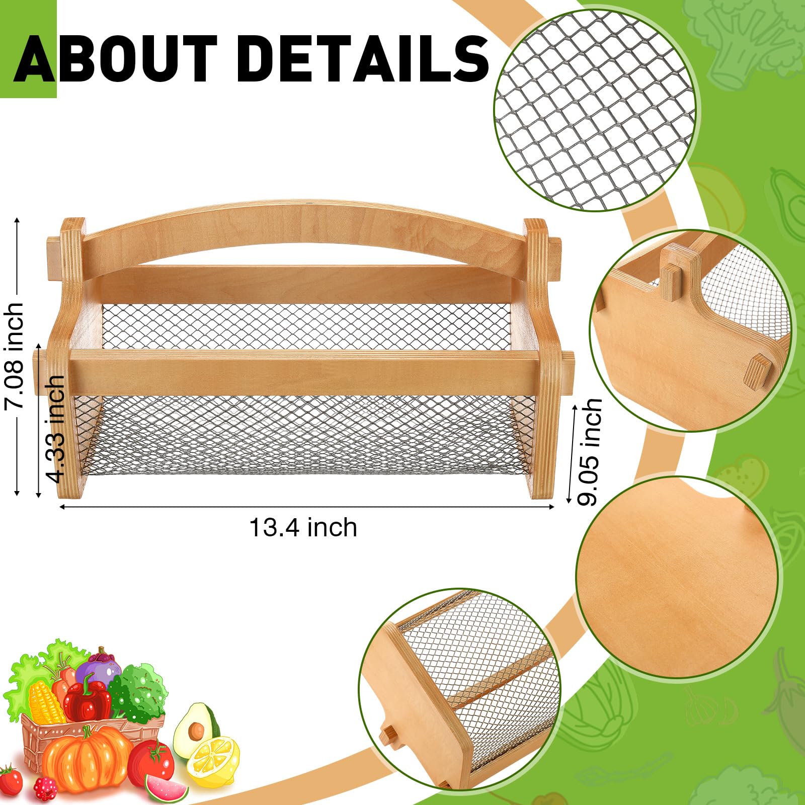 Teenyyou Garten-Erntekorb, Netz-Aufbewahrung mit Griff, vielseitiger Gartenarbeit, Obst, Gemüse, Sammelkorb, Gartenbedarf, Gärtner, Geschenk für Landwirte, Waschen (Holzfarbe, 34 cm)