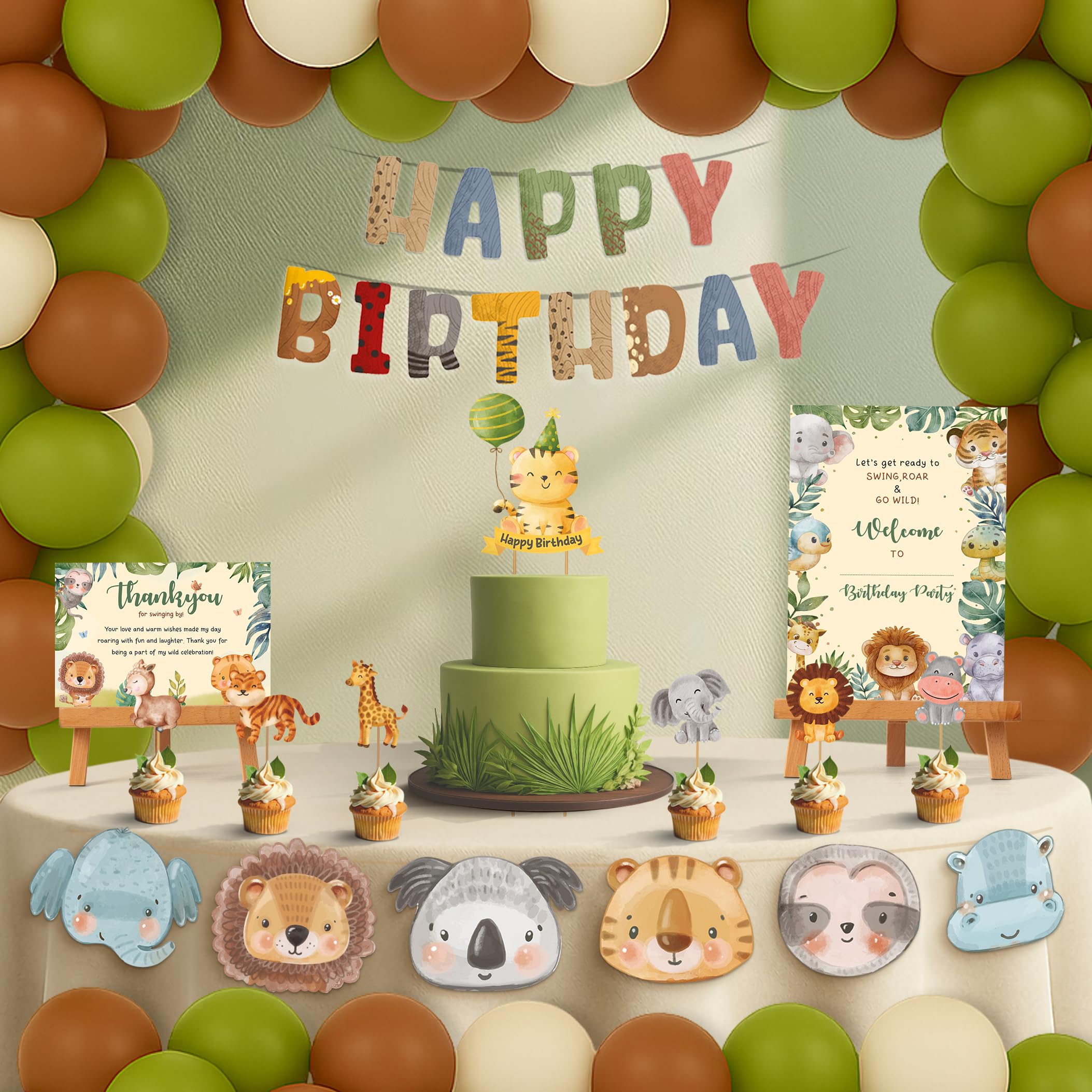 Just Party Jungle Theme Party Decoration - 99 pcs Happy Birthday Decoration Kit for Kids | Jungle Theme Birthday Decoration Items for Boys & Girls |Includes Balloons, Cake Topper, Props, Theme Banners