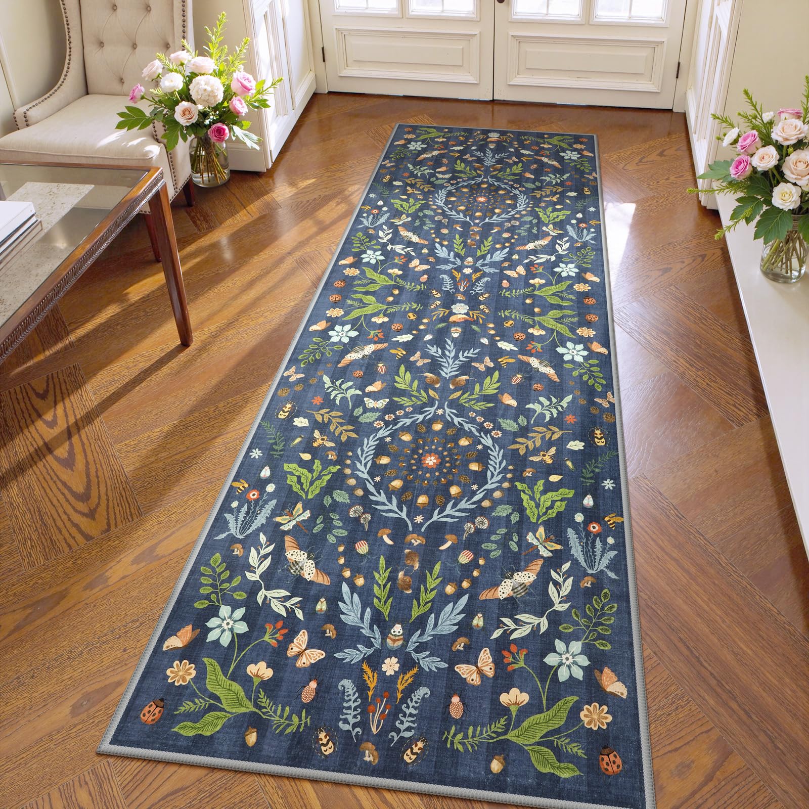 Lahome Insect Botanical 2x6 Runners for Hallways Non Slip, Blue Bathroom Kitchen Runner Rugs Non Skid Washable, Boho Soft Indoor Carpet for Entryway