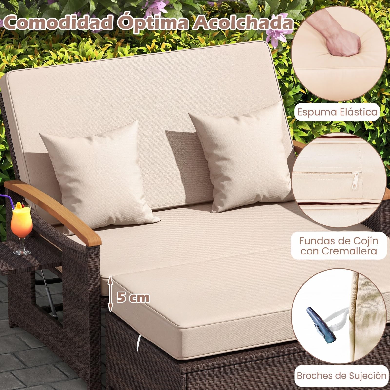 COSTWAY Sofa Exterior de Ratán con Reposapiés de Almacenamiento, 2 Plazas Tumbona Acolchado, Cama Respaldo Ajustable de 4 Niveles, Bandejas Laterales Retráctiles