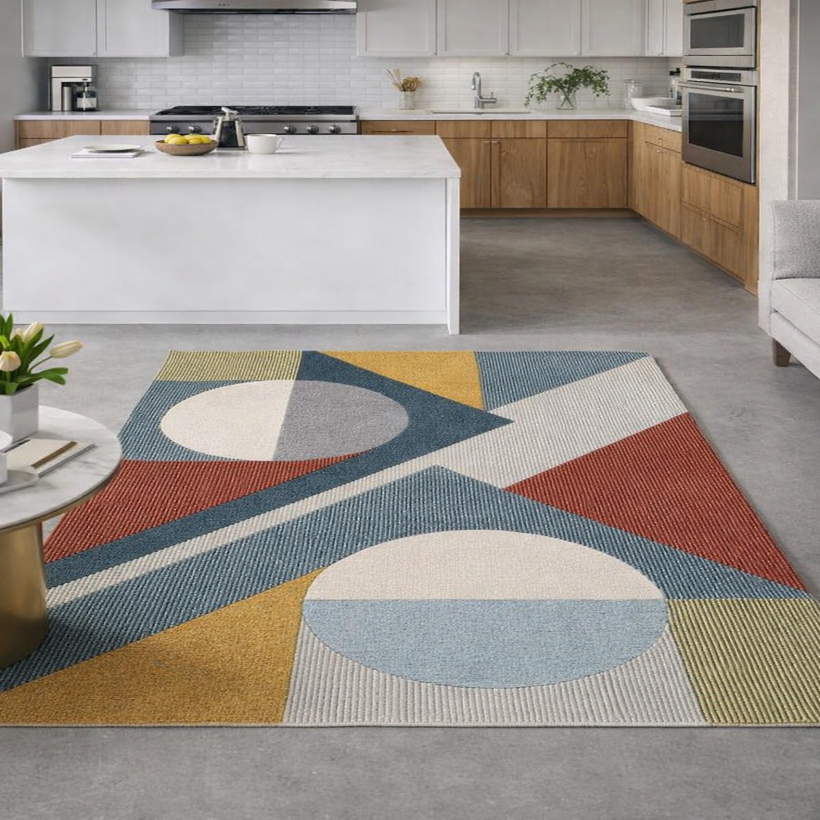 Tapis salon géométrique rouge bleu 150x240 cm lavable et antidérapant
