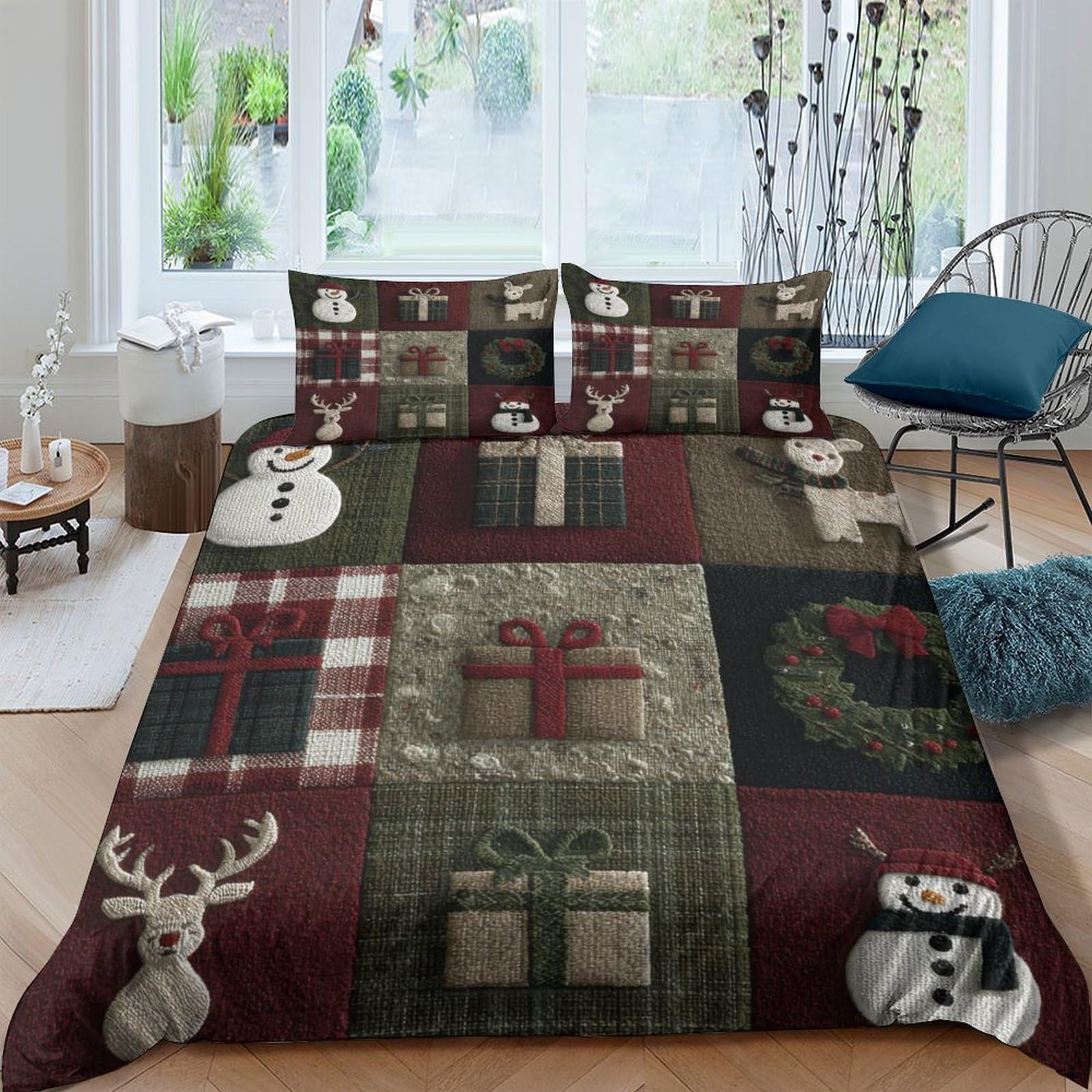 Ctjqhvkz Style-5 3D Printed Christmas Patchwork Fitted Sheet Microfiber Soft Breathable Reindeer Gift Plaid Mattress Cover Bedroom Decor Single（135X200cm）