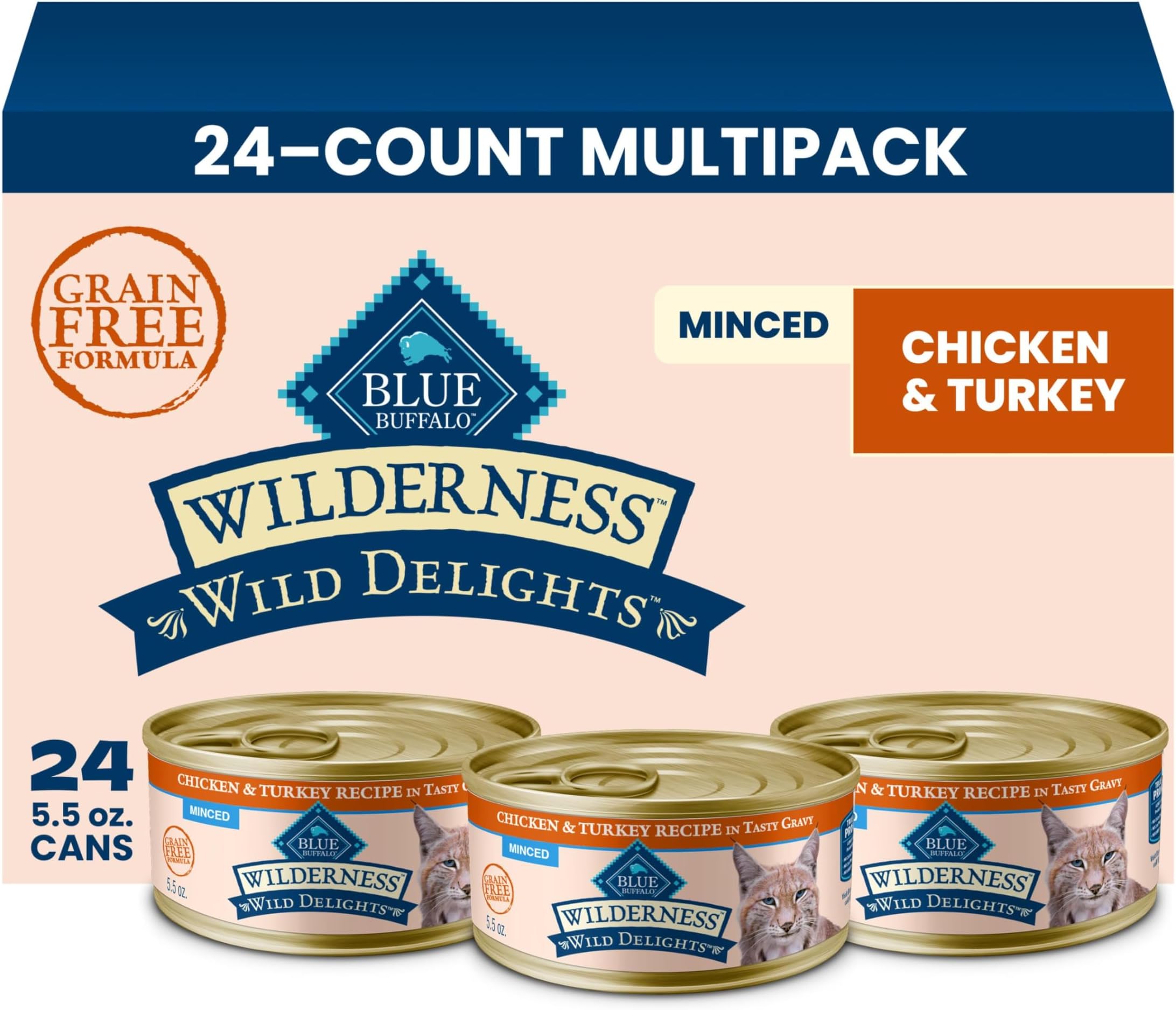 Blue Buffalo Wilderness Wild Delights Adult Minced Chicken & Turkey Wet Cat Food, Grain-Free & High-Protein Wet Cat Food with Natural Ingredients in Savory Gravy, 5.5-oz Cans (24-Count)