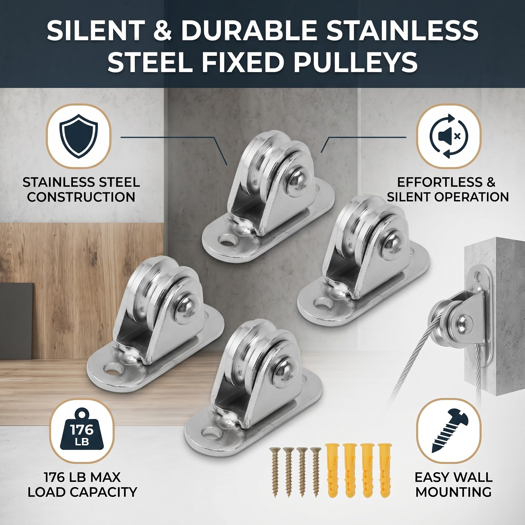 Polea de Cuerda, Polea Pequeña de Acero, Polea de Cuerda Silenciosa, Polea Fija Montada en la Pared para Equipos de Bricolaje, Puerta Corrediza de Cable (4PCS)